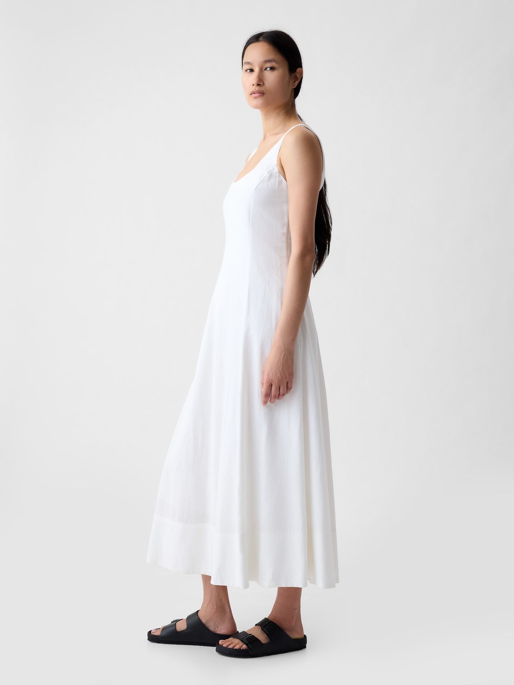 White Linen Blend Square Neck Midi Dress - Image 3 of 6