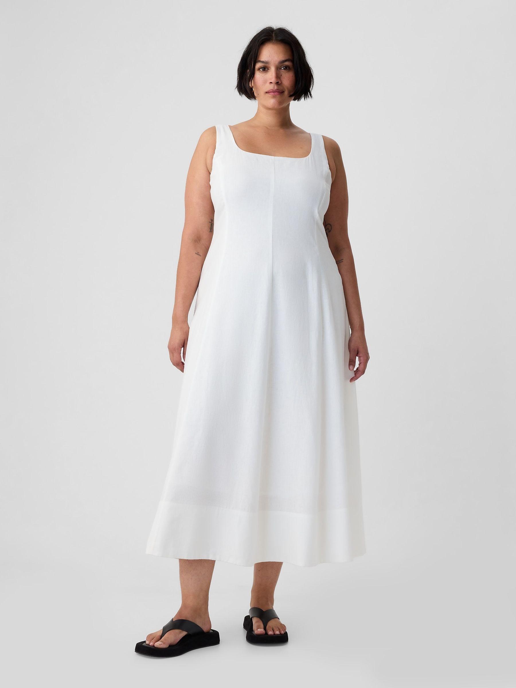 White Linen Blend Square Neck Midi Dress - Image 4 of 6