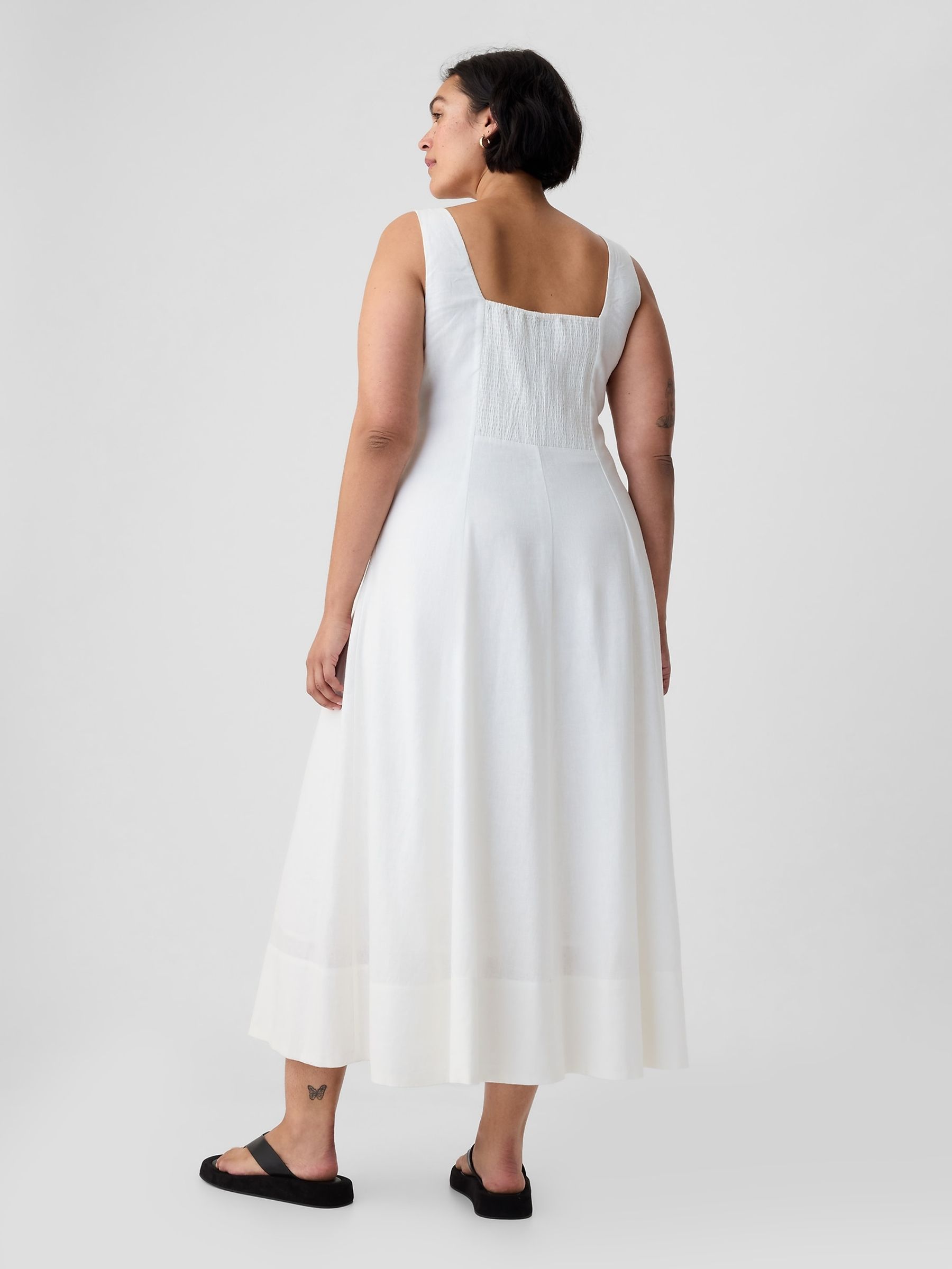 White Linen Blend Square Neck Midi Dress - Image 5 of 6