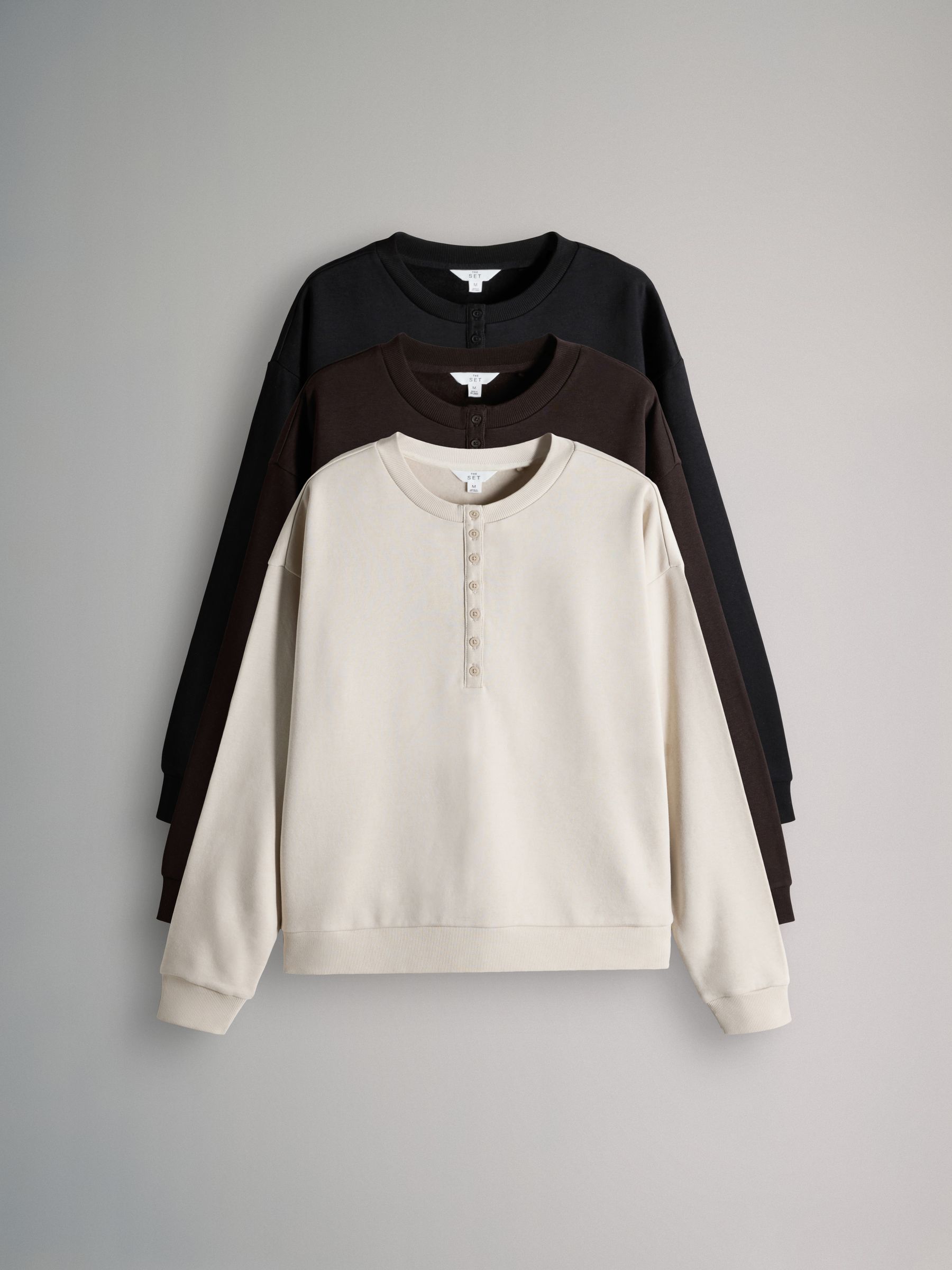 Black/Chocolate Brown/Cream 3 Pack Henley Sweatshirts - Image 2 of 6