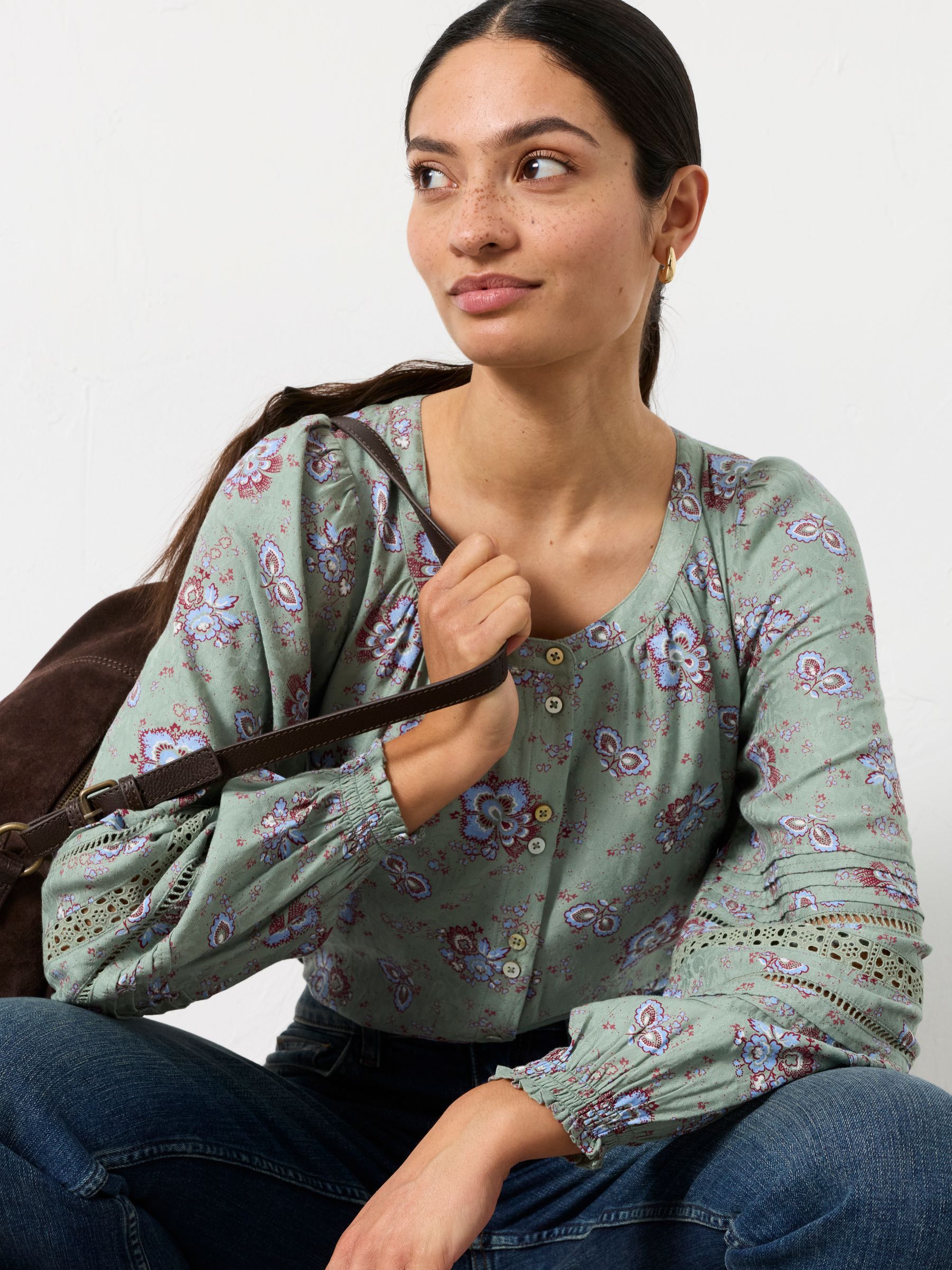 Clemence Green Dot Floral Petite Blouse - Image 4 of 7