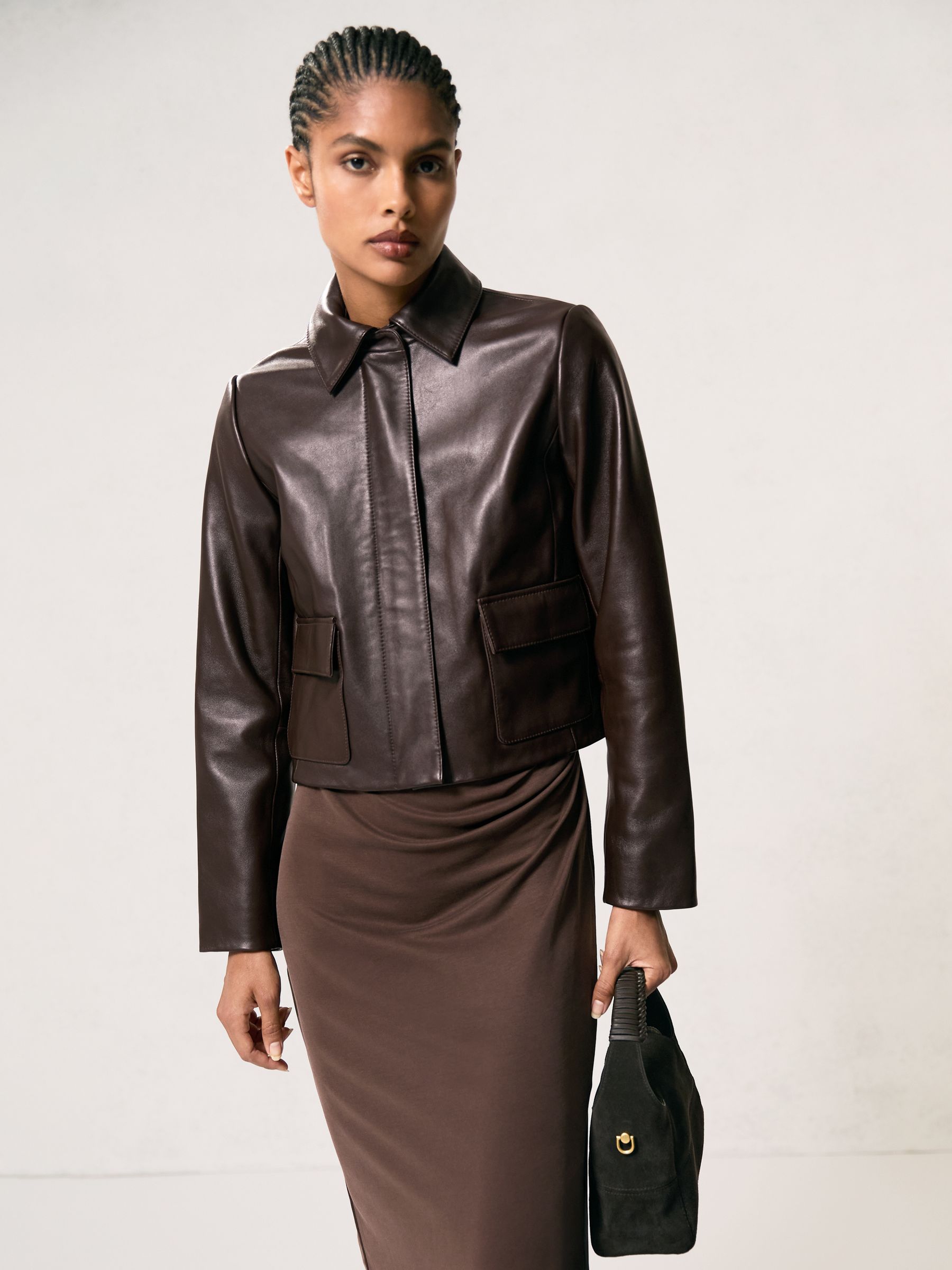 Collared Leather Jacket in Chocolate Brown - Image 1 of 6