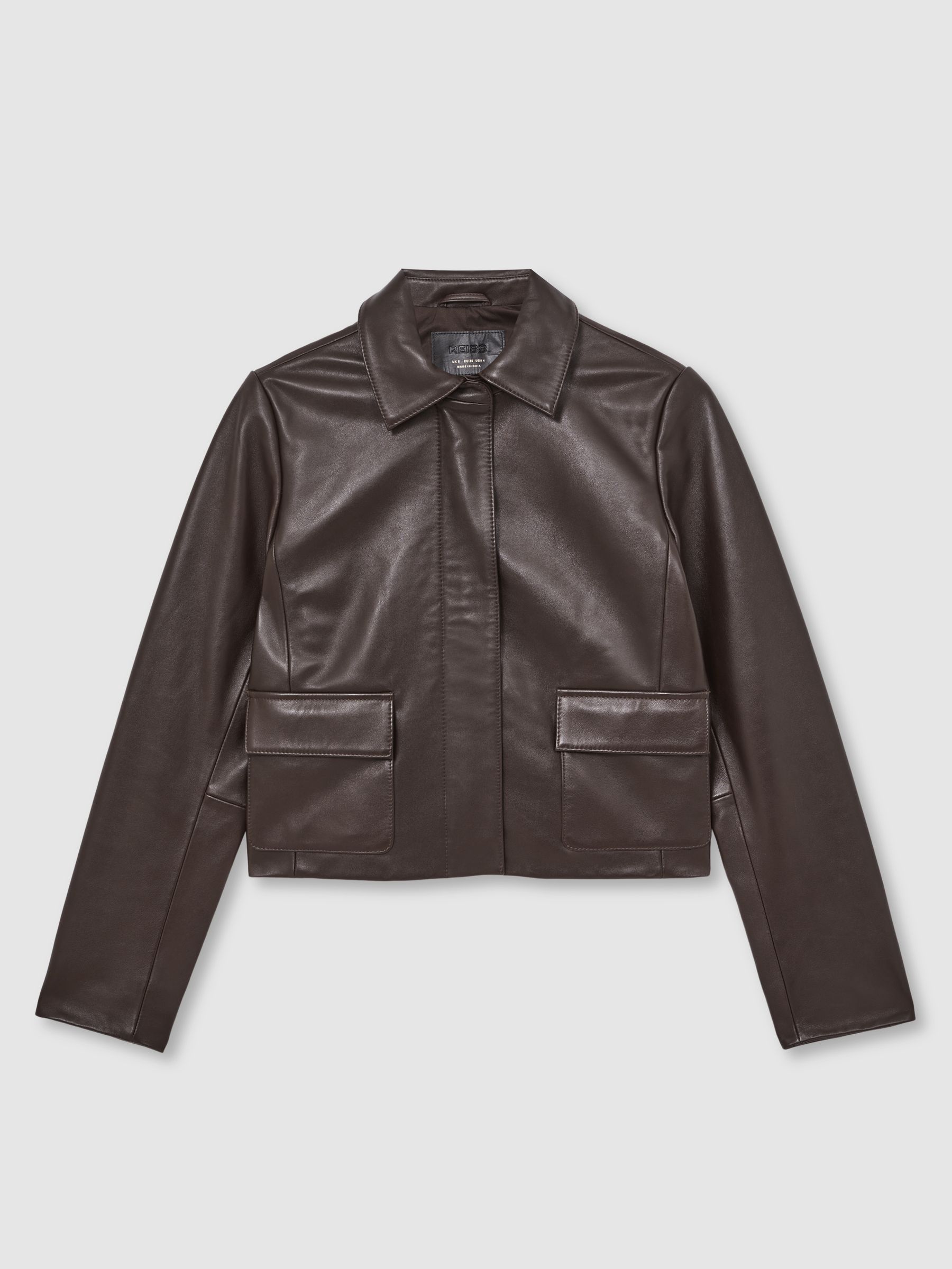 Collared Leather Jacket in Chocolate Brown - Image 2 of 6