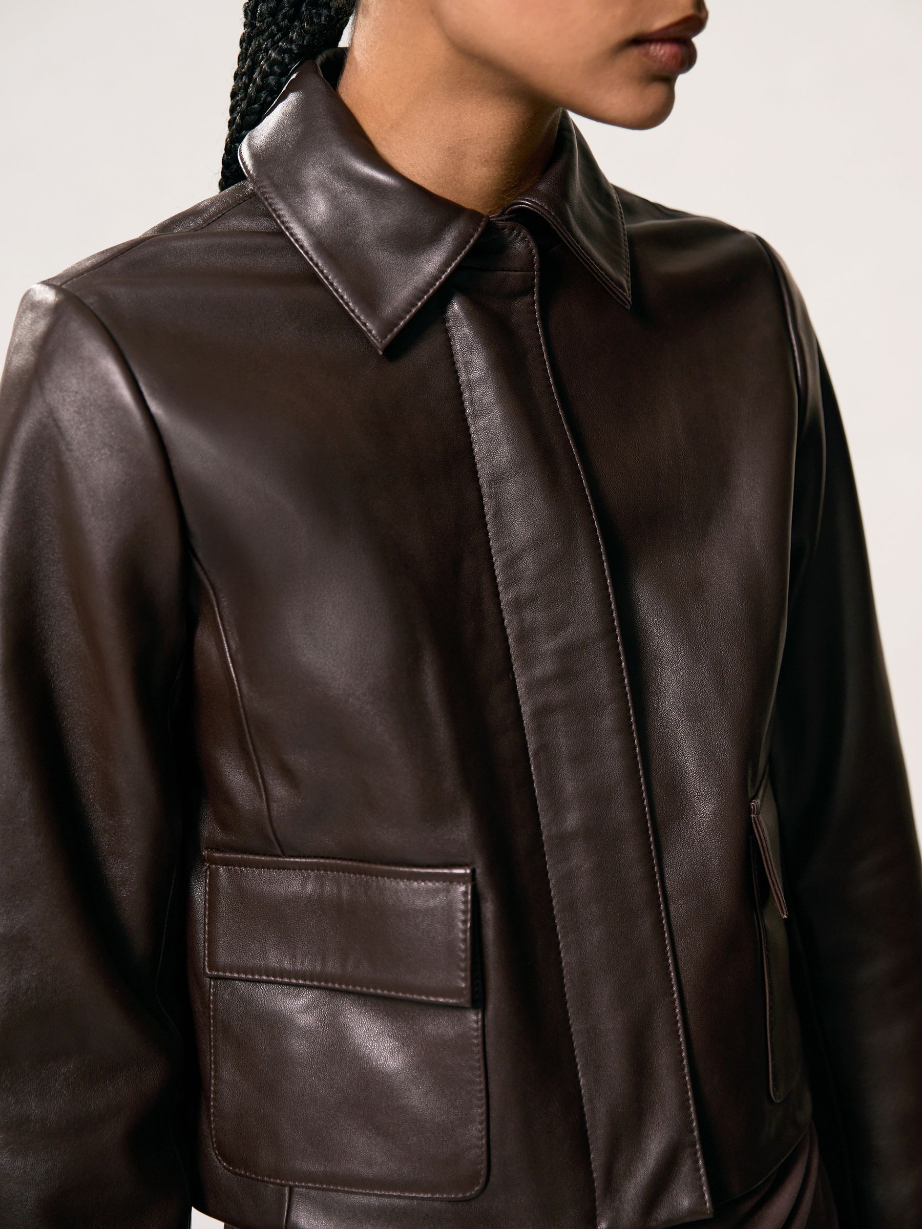Collared Leather Jacket in Chocolate Brown - Image 3 of 6