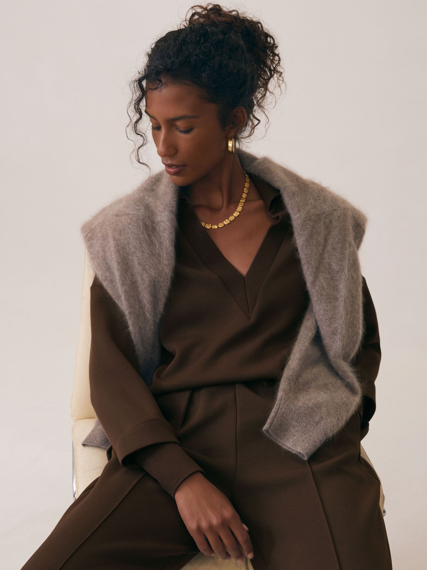 Petite Premium Interlock Wide-Leg Joggers in Chocolate - Image 4 of 7