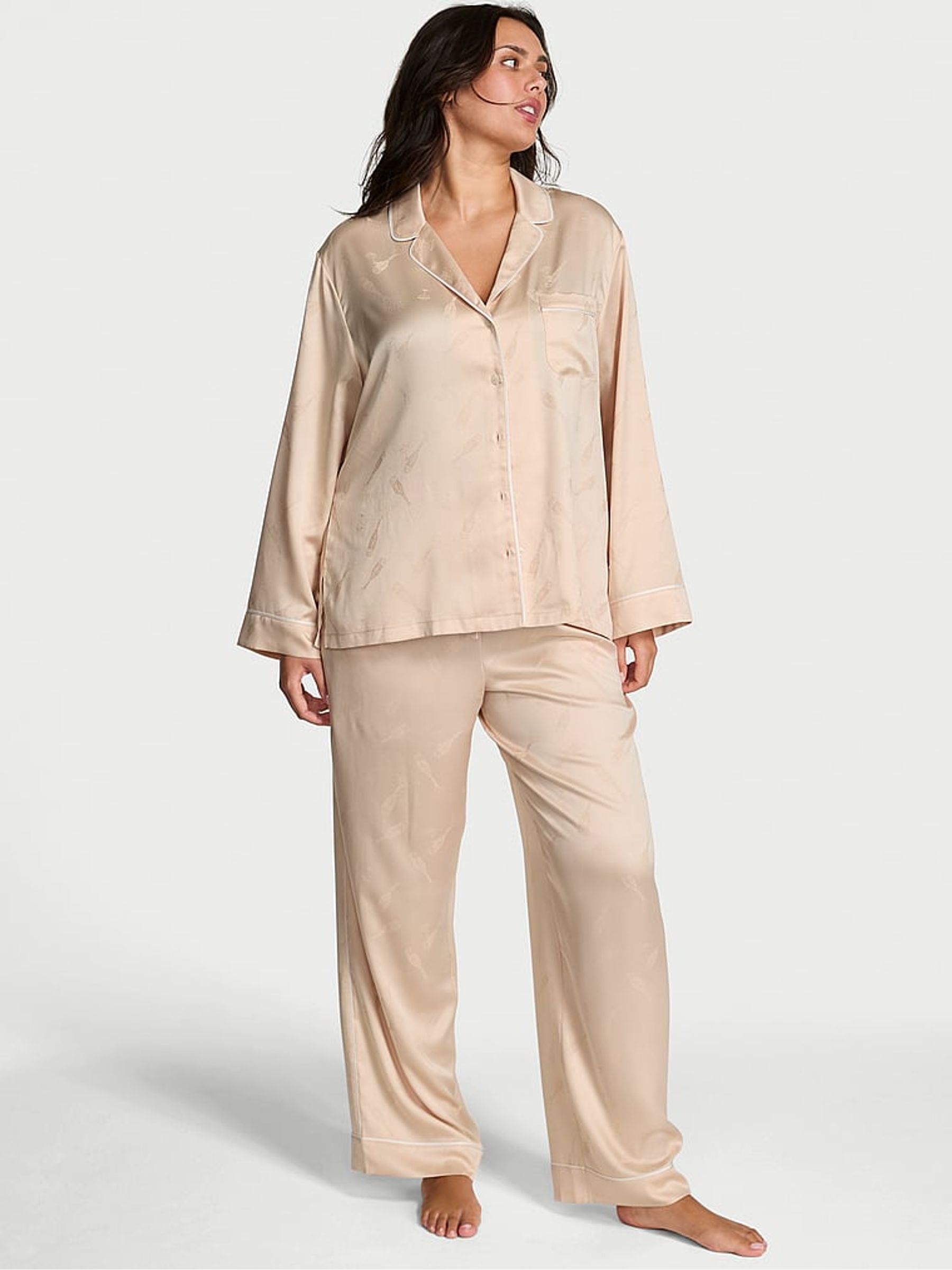 Nude Christmas Champagne Bottles Satin Long Pyjamas Set - Image 1 of 2