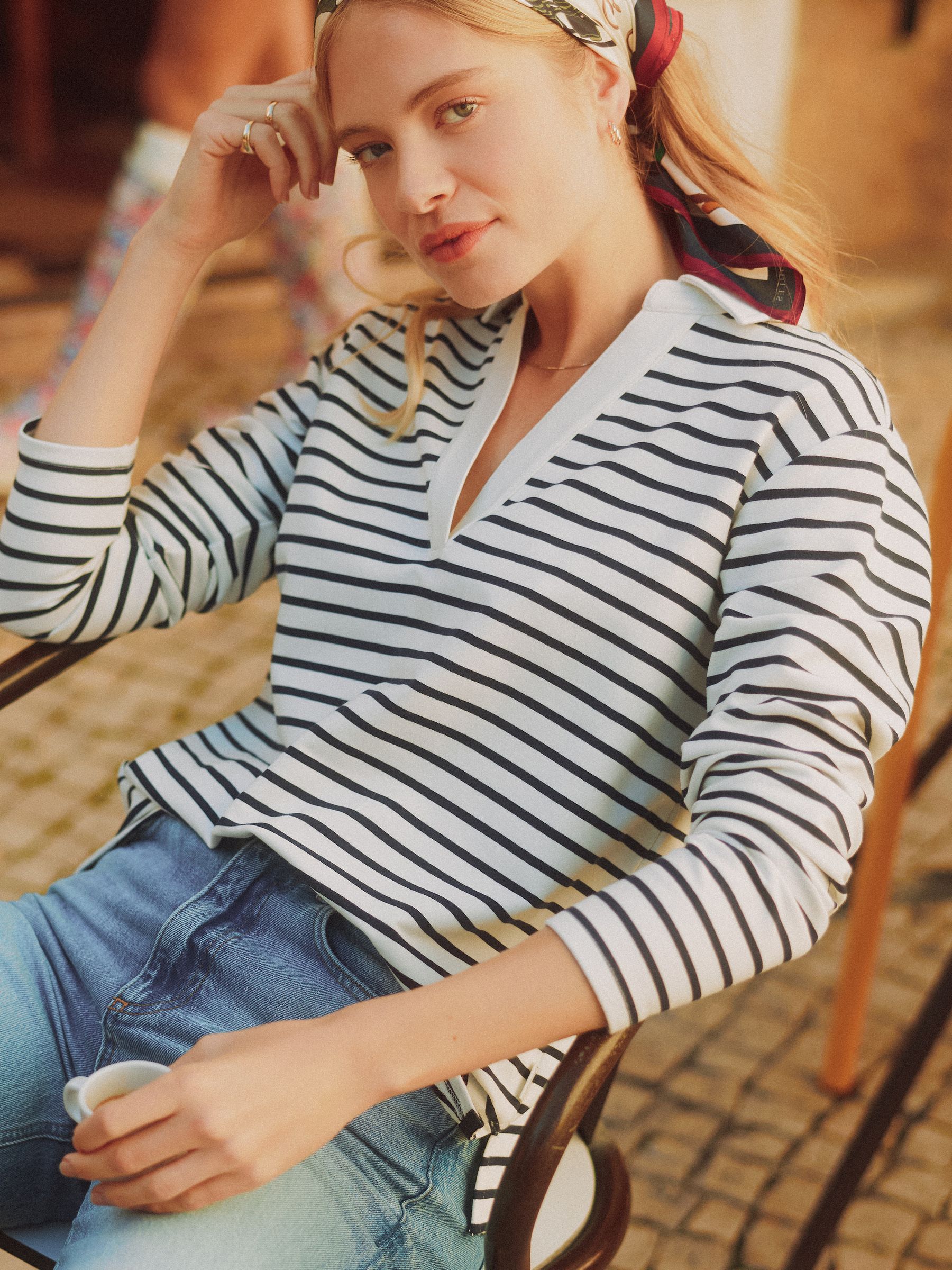 Cream & Navy Striped Cotton Blend Collared Sweatshirt - Image 1 of 8