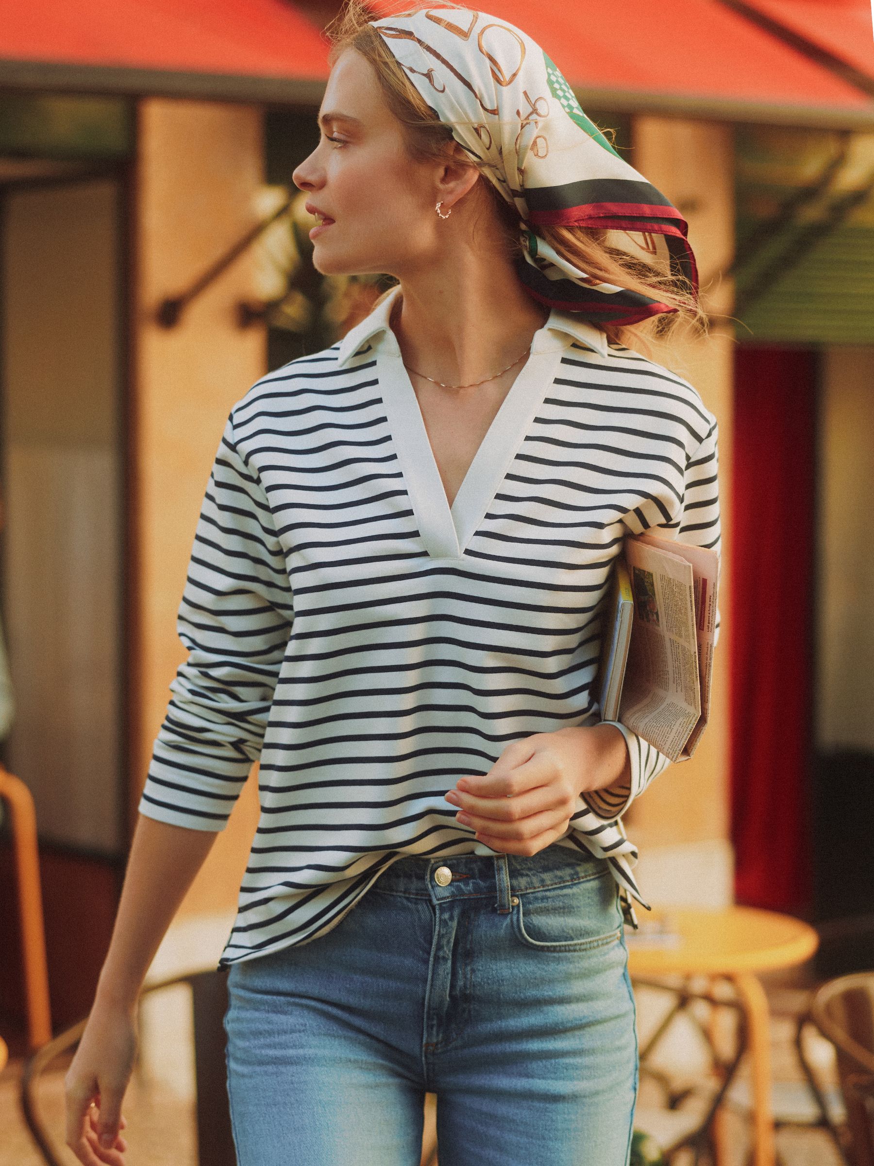 Cream & Navy Striped Cotton Blend Collared Sweatshirt - Image 2 of 8