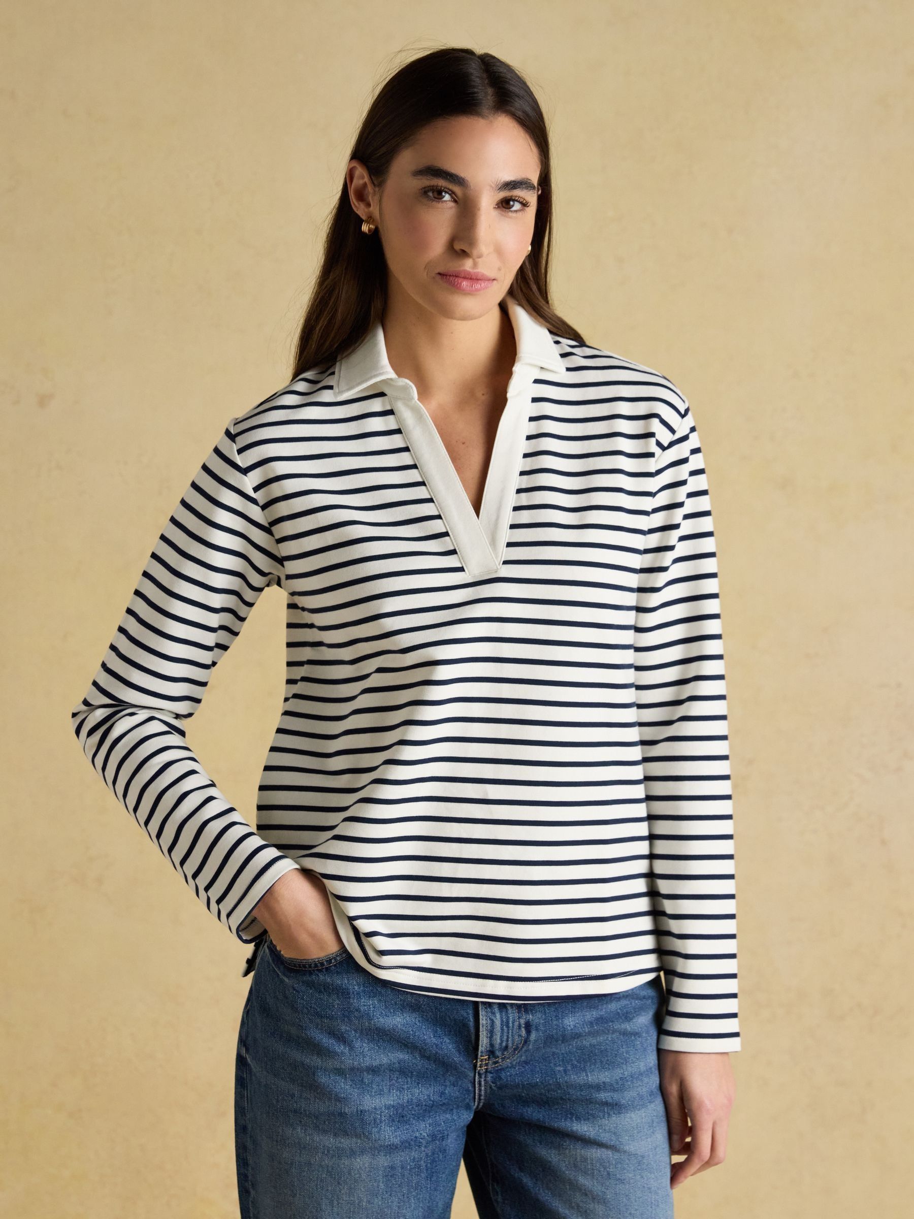 Cream & Navy Striped Cotton Blend Collared Sweatshirt - Image 3 of 8