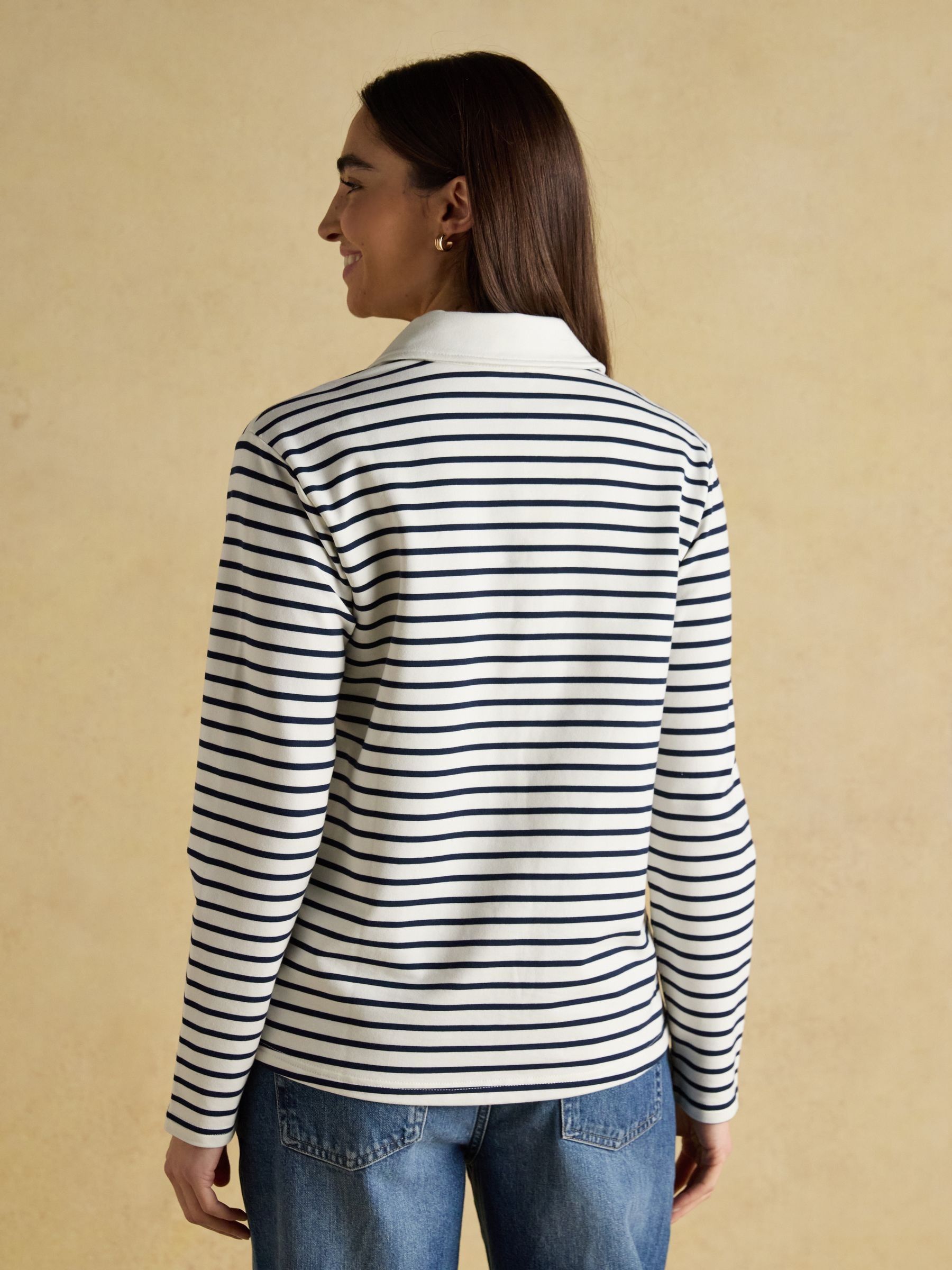 Cream & Navy Striped Cotton Blend Collared Sweatshirt - Image 4 of 8