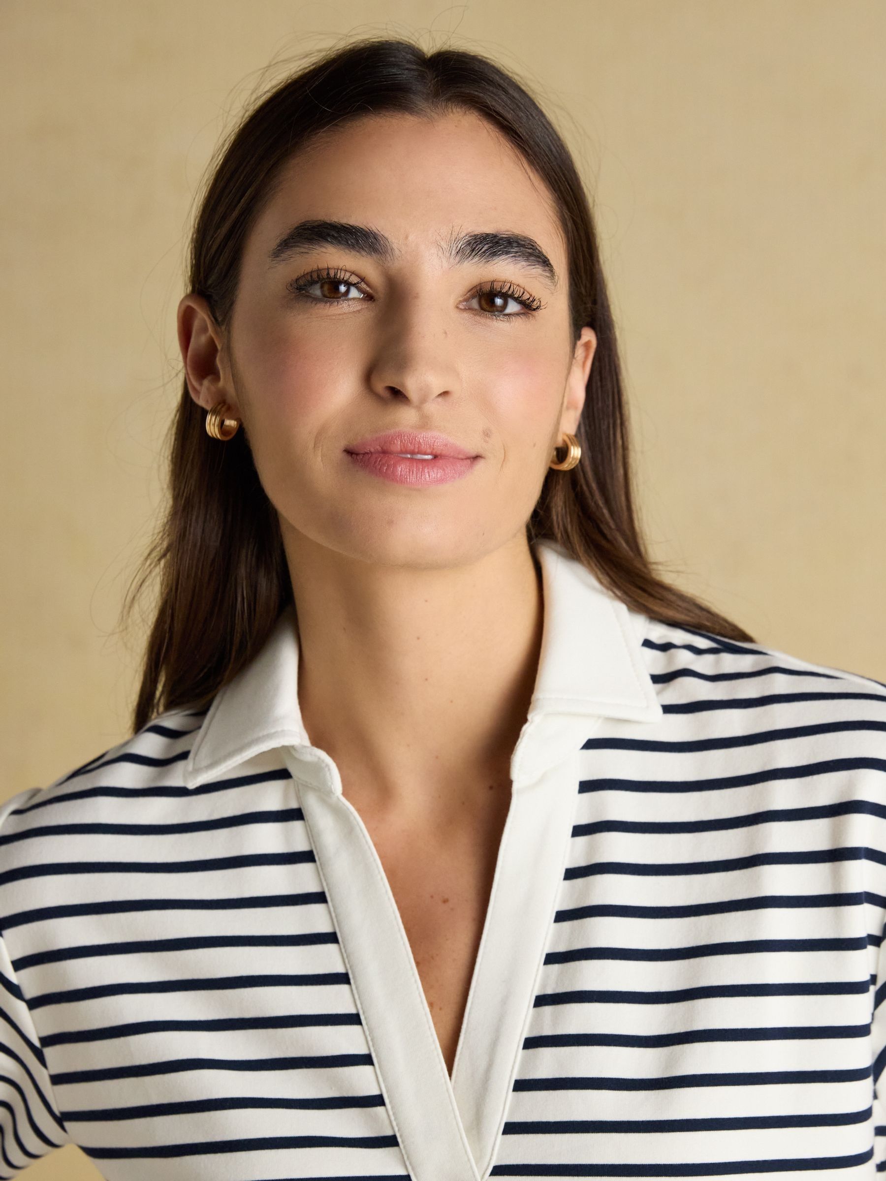 Cream & Navy Striped Cotton Blend Collared Sweatshirt - Image 5 of 8