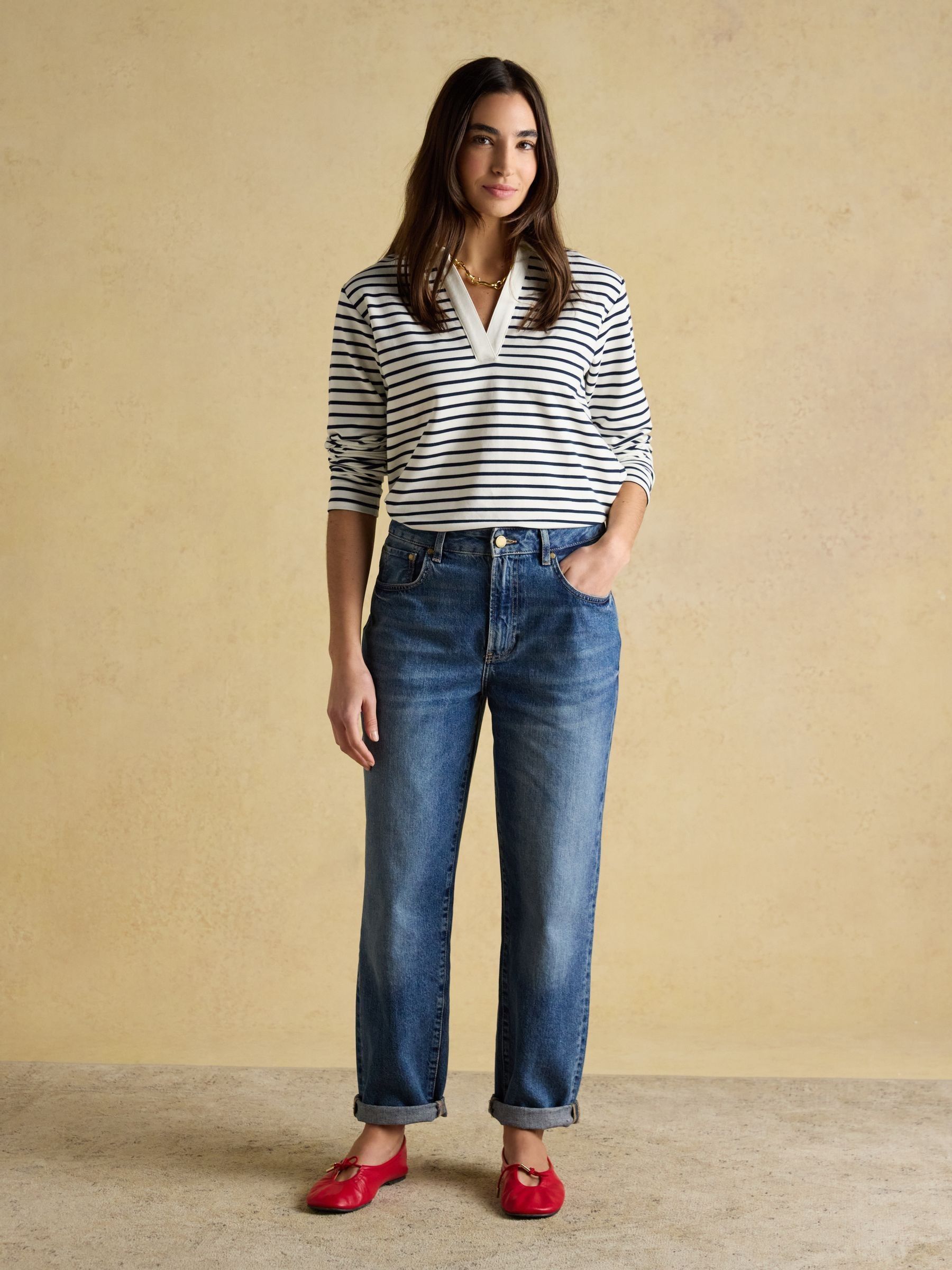 Cream & Navy Striped Cotton Blend Collared Sweatshirt - Image 7 of 8