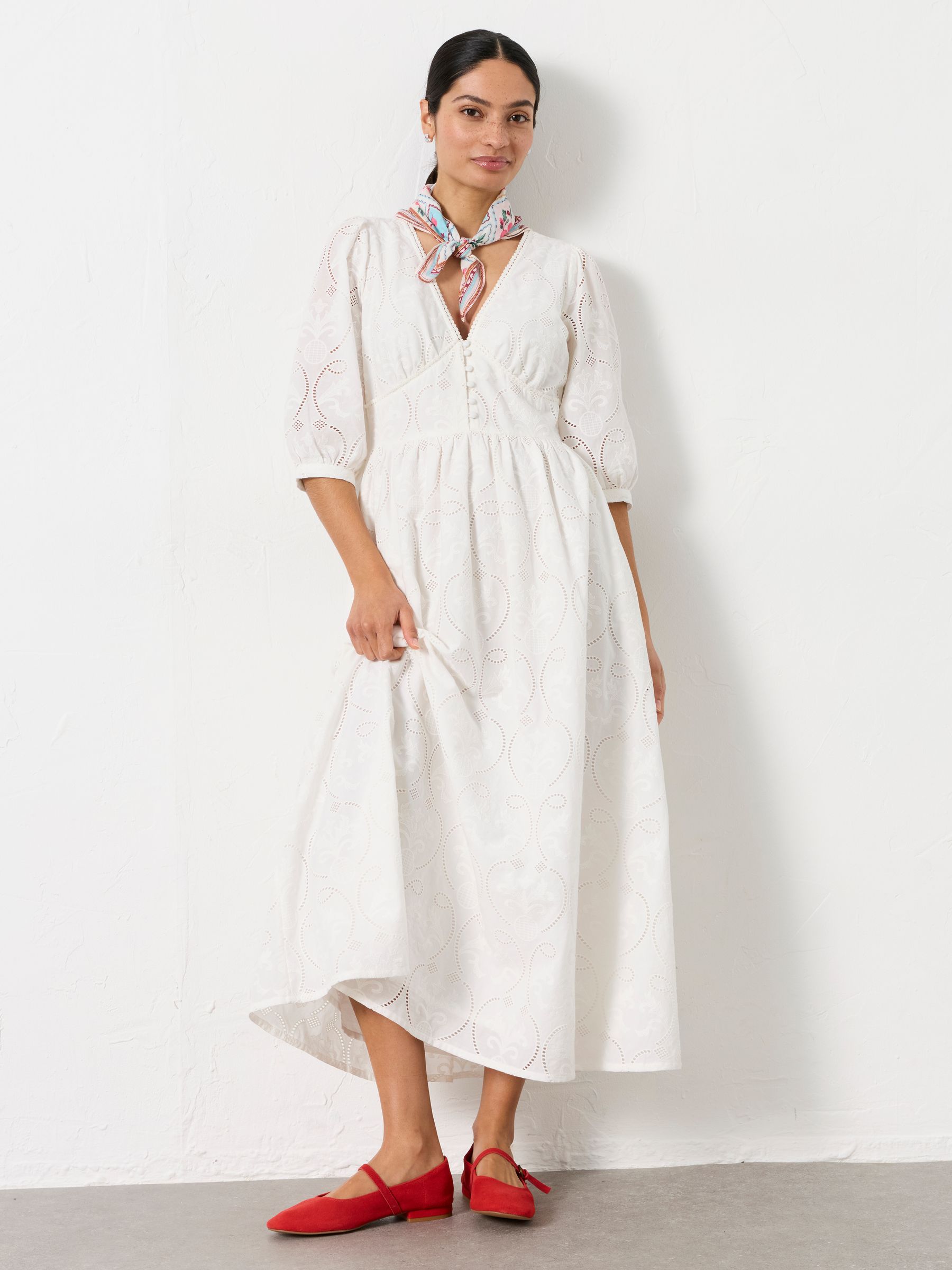 Flo White Petite Broderie Midi Dress - Image 1 of 7