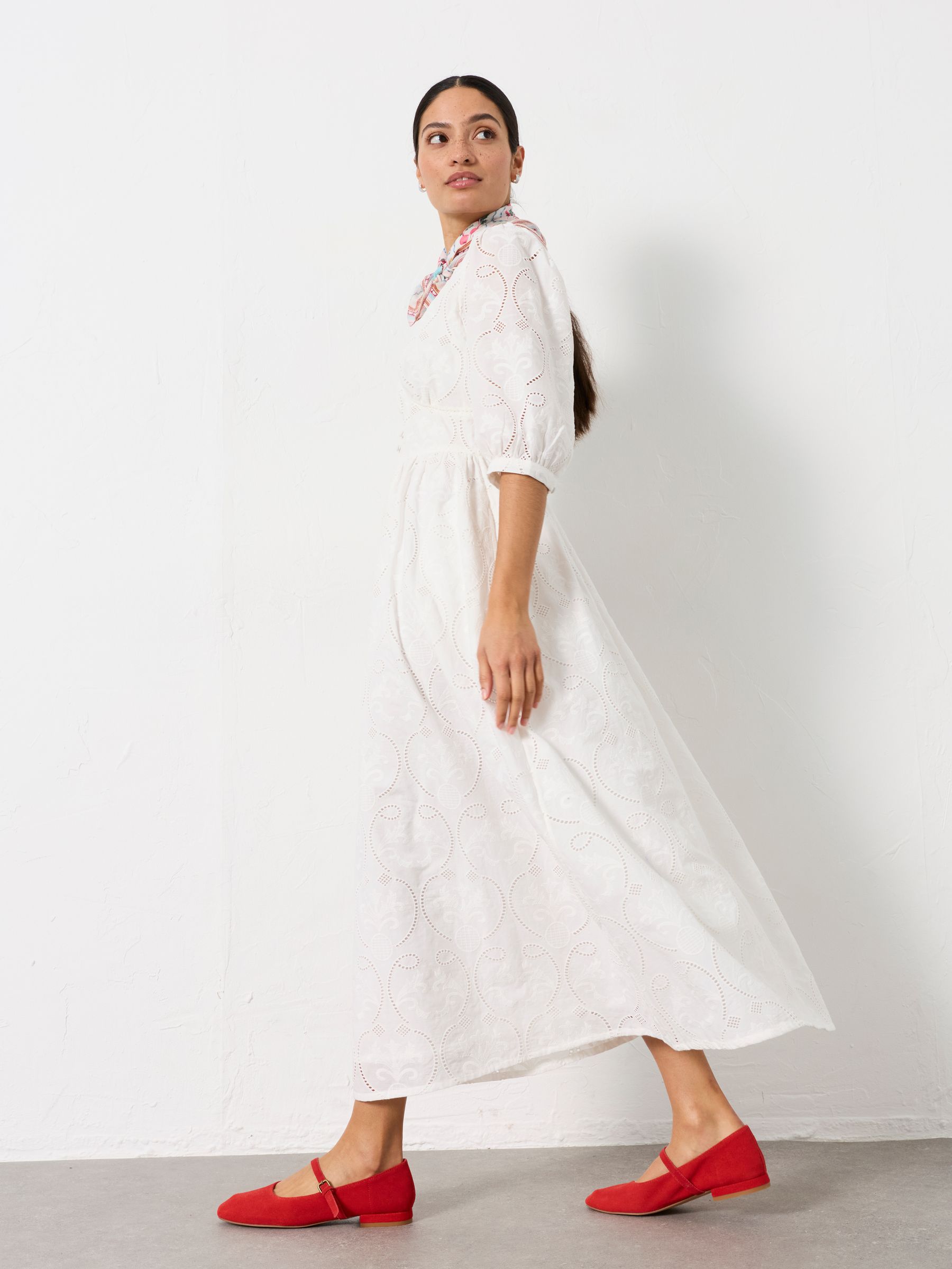 Flo White Petite Broderie Midi Dress - Image 5 of 7