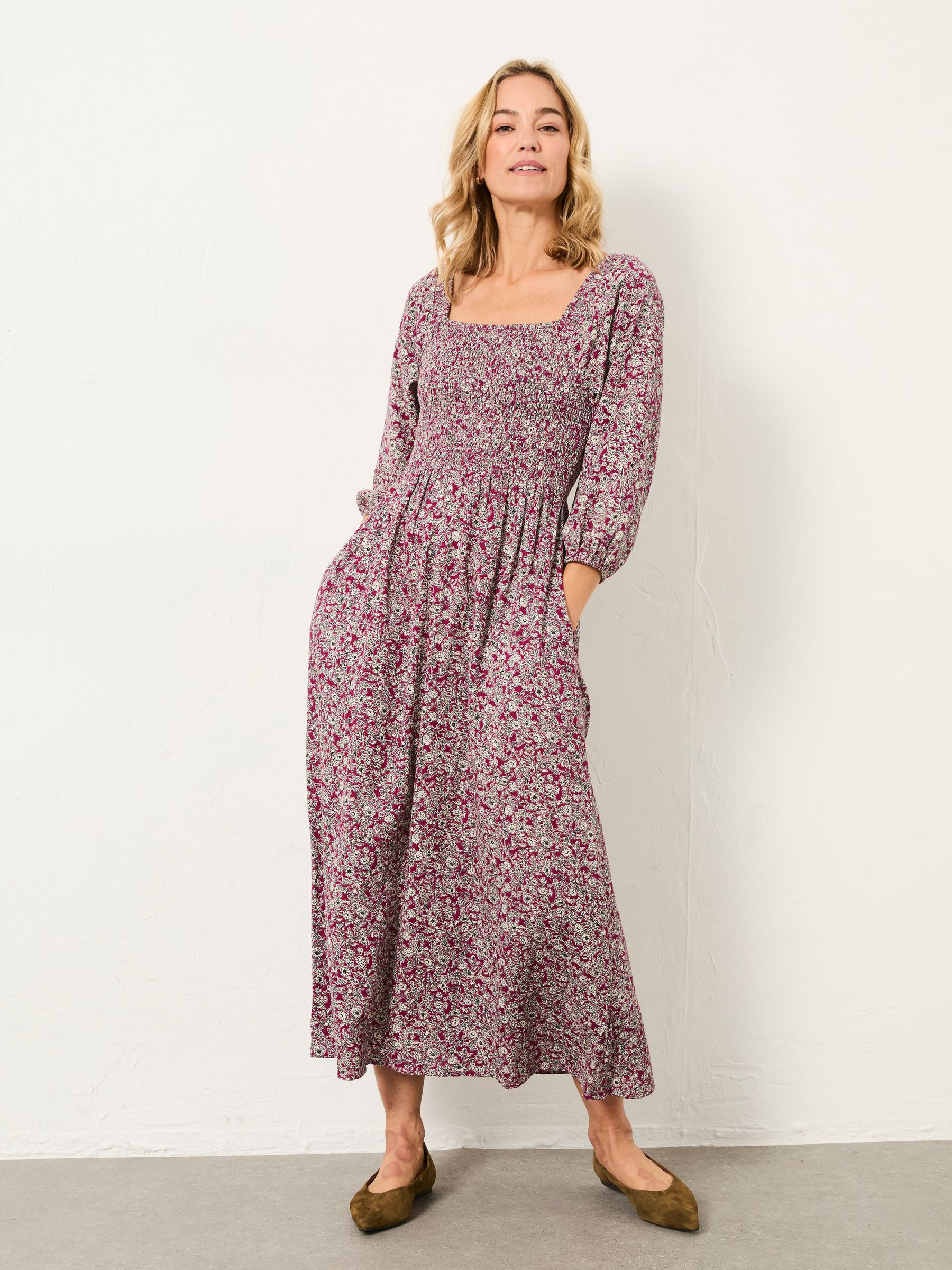 Adele Plum Purple 2 Tone Floral Petite Midi Dress - Image 1 of 7 Adele Plum Purple 2 Tone Floral Petite Midi Dress - Image 1 of 7