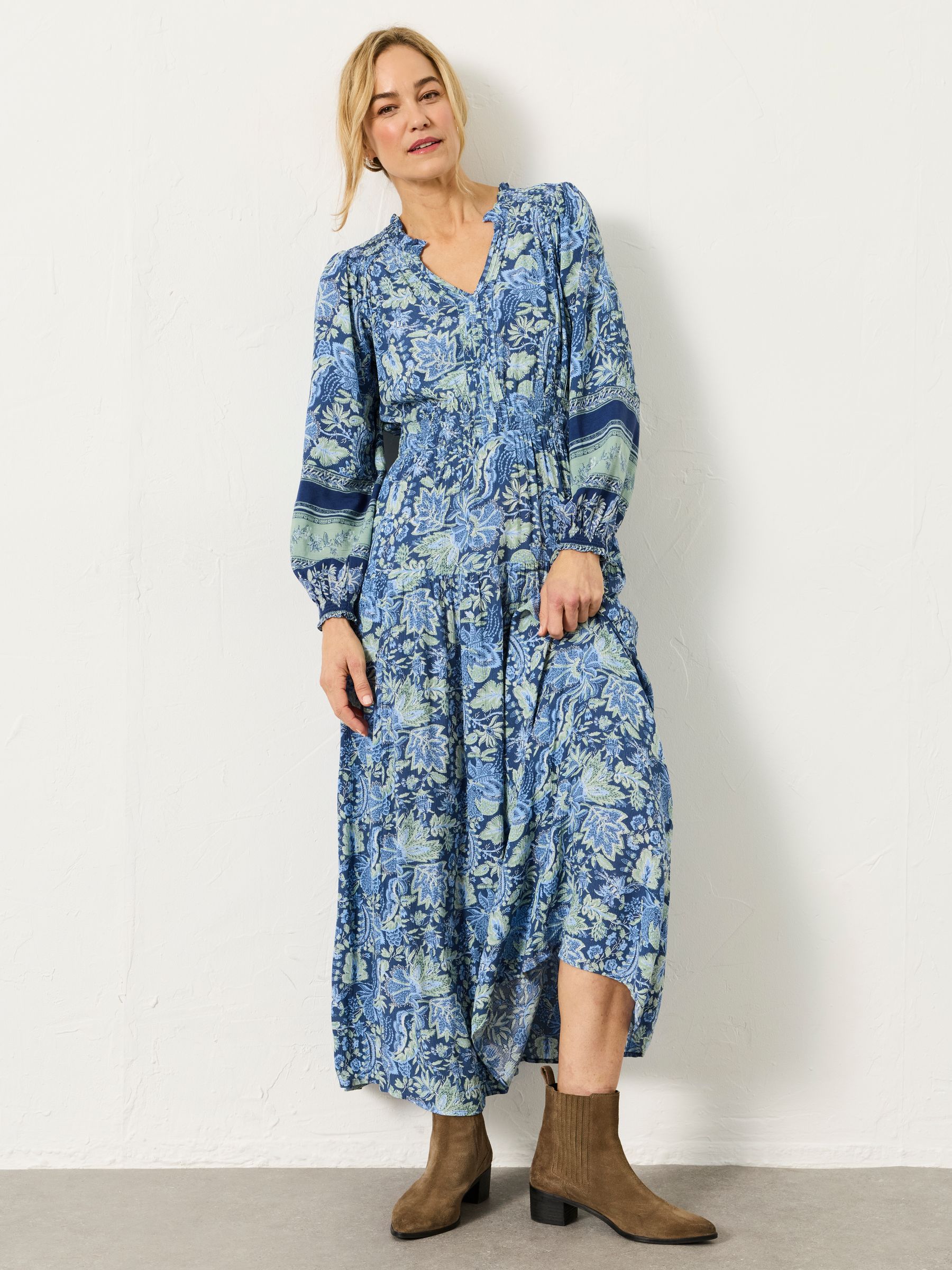 Rowen Navy Woodblock Bloom Petite Midi Dress - Image 1 of 6