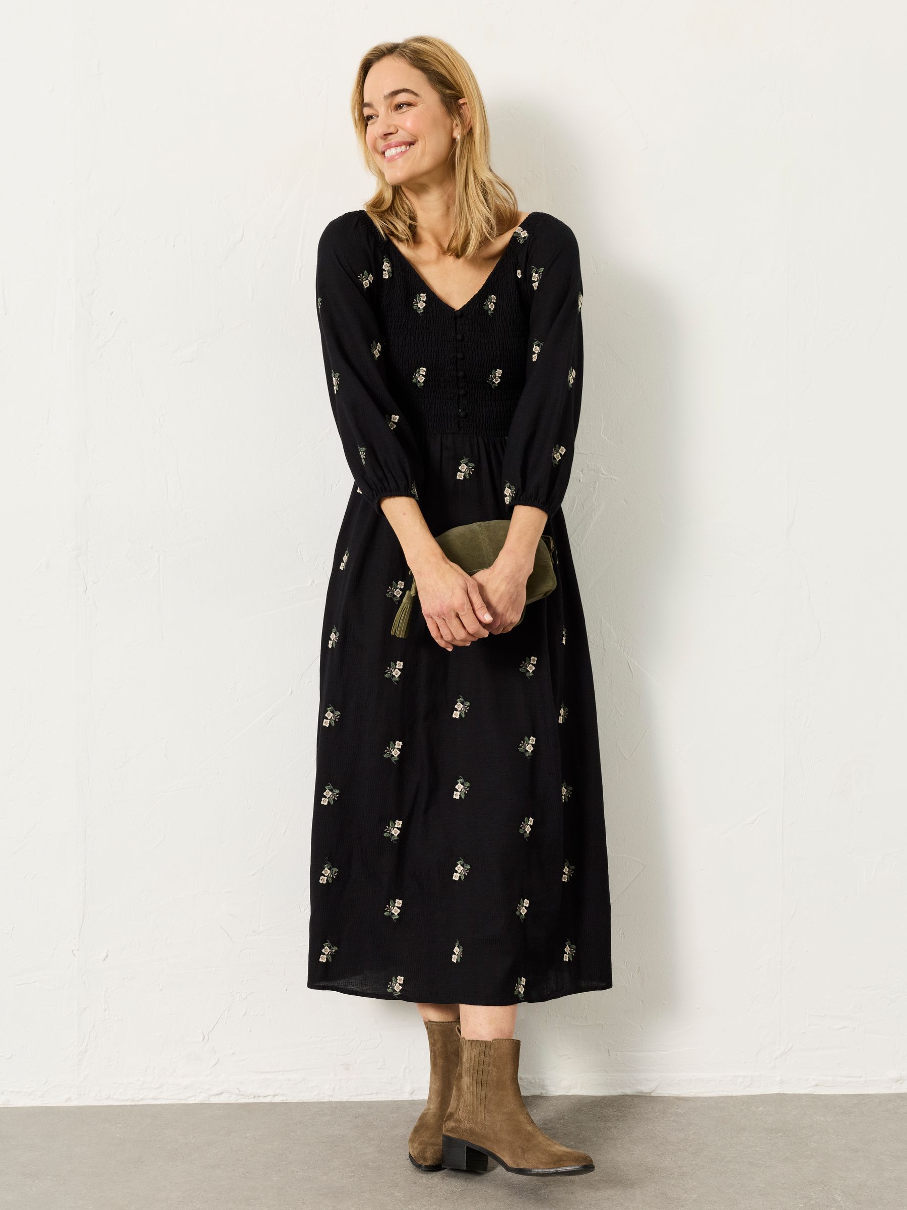 Adele Black Petite Embroidered Midi Dress | FatFace USA