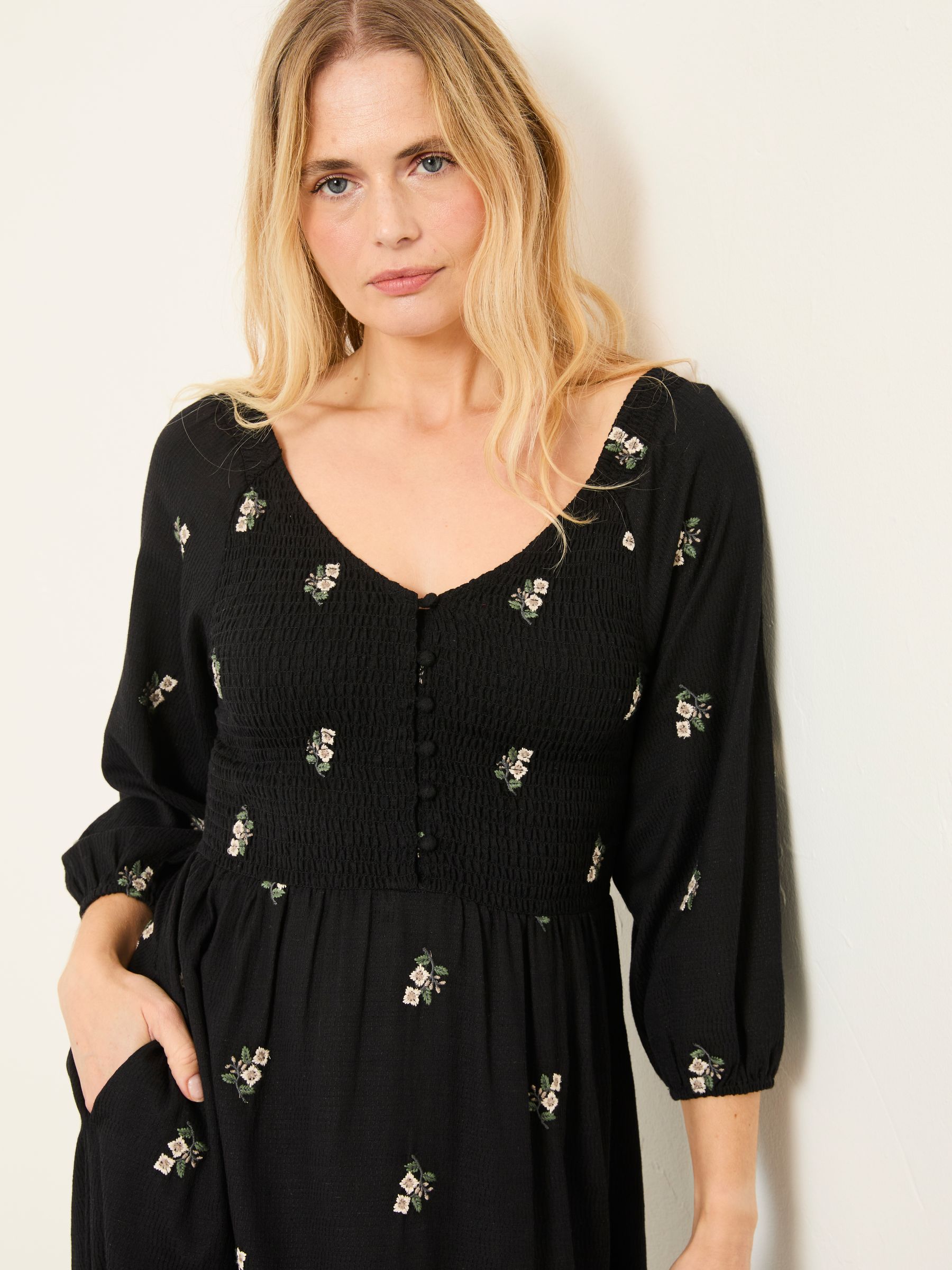 Adele Black Petite Embroidered Midi Dress - Image 3 of 6