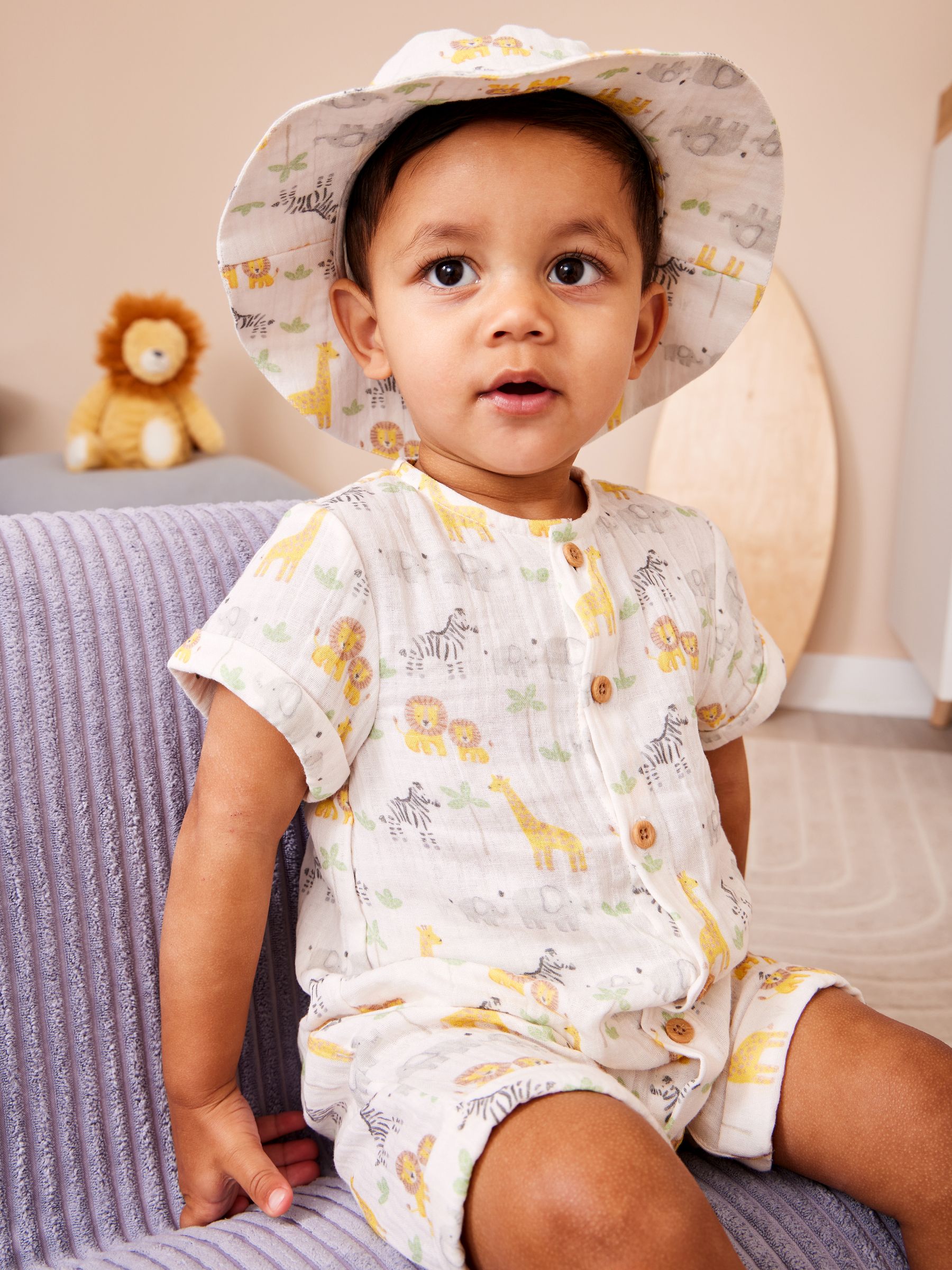 Cream Safari Cheesecloth Romper & Hat Set - Image 1 of 8 Cream Safari Cheesecloth Romper & Hat Set - Image 1 of 8