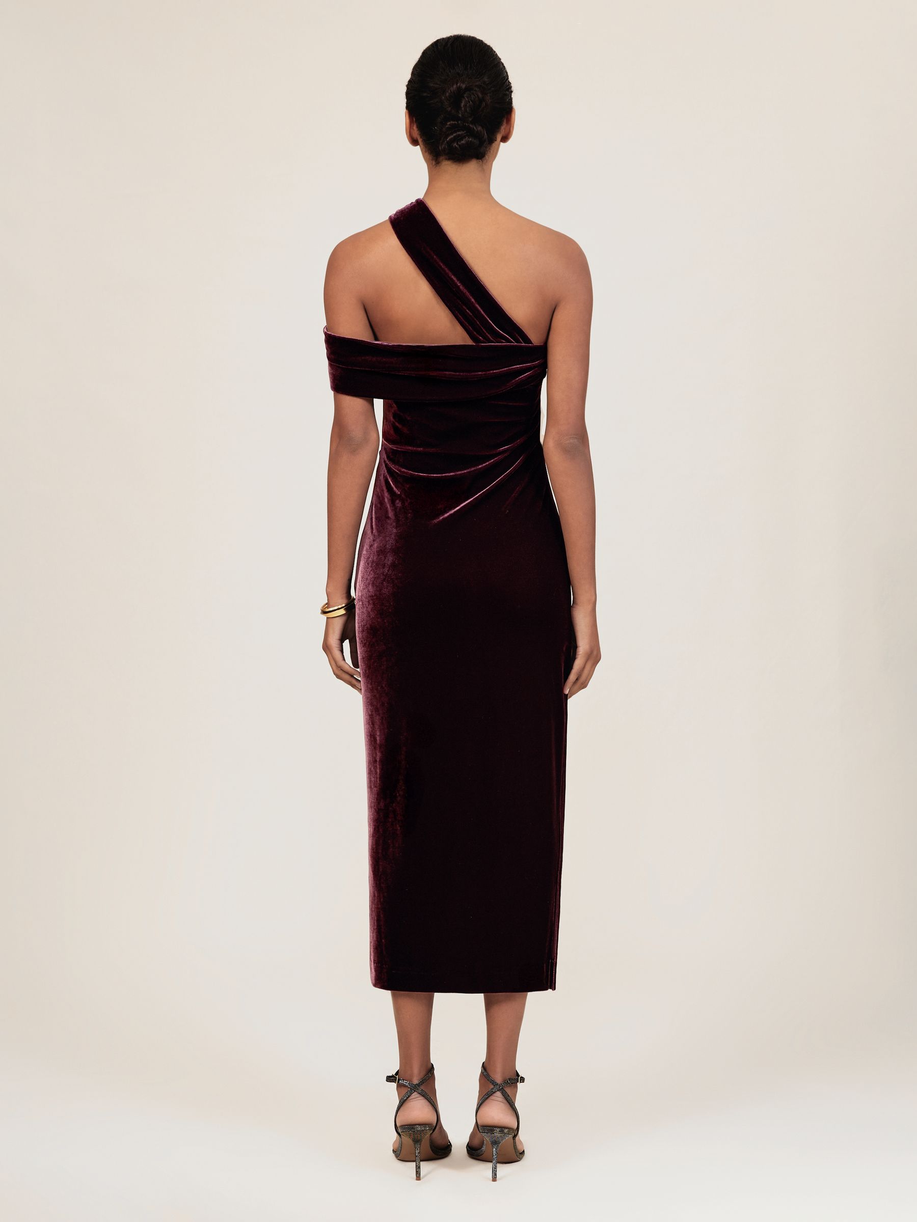 Petite Velvet One-Shoulder Midi Dress in Burgundy - Image 4 of 7