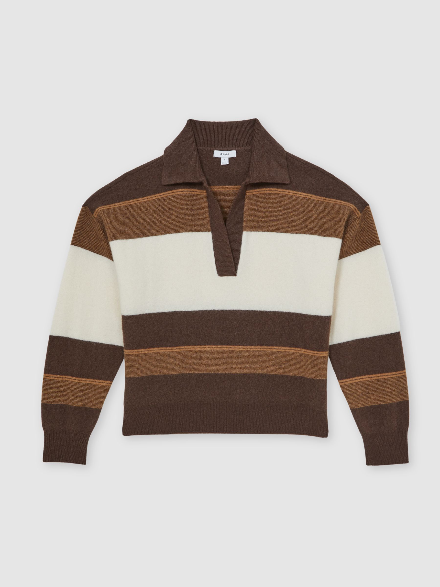 Wool-Cashmere Stripe Collared Jumper in Chocolate/Cream - Image 2 of 6