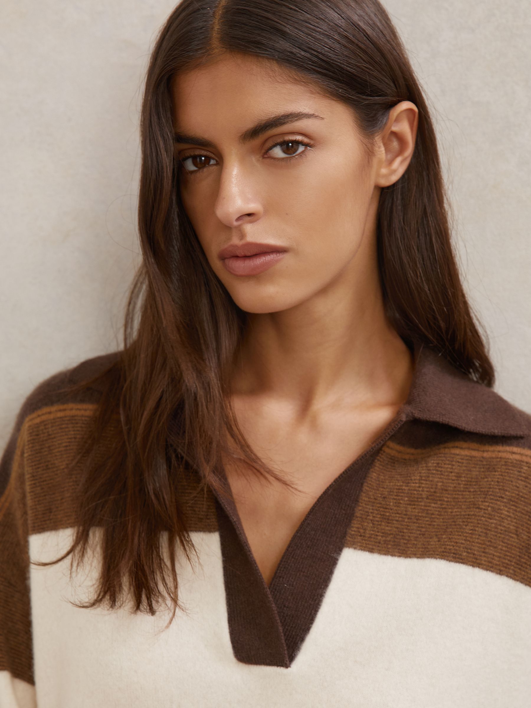 Wool-Cashmere Stripe Collared Jumper in Chocolate/Cream - Image 3 of 6