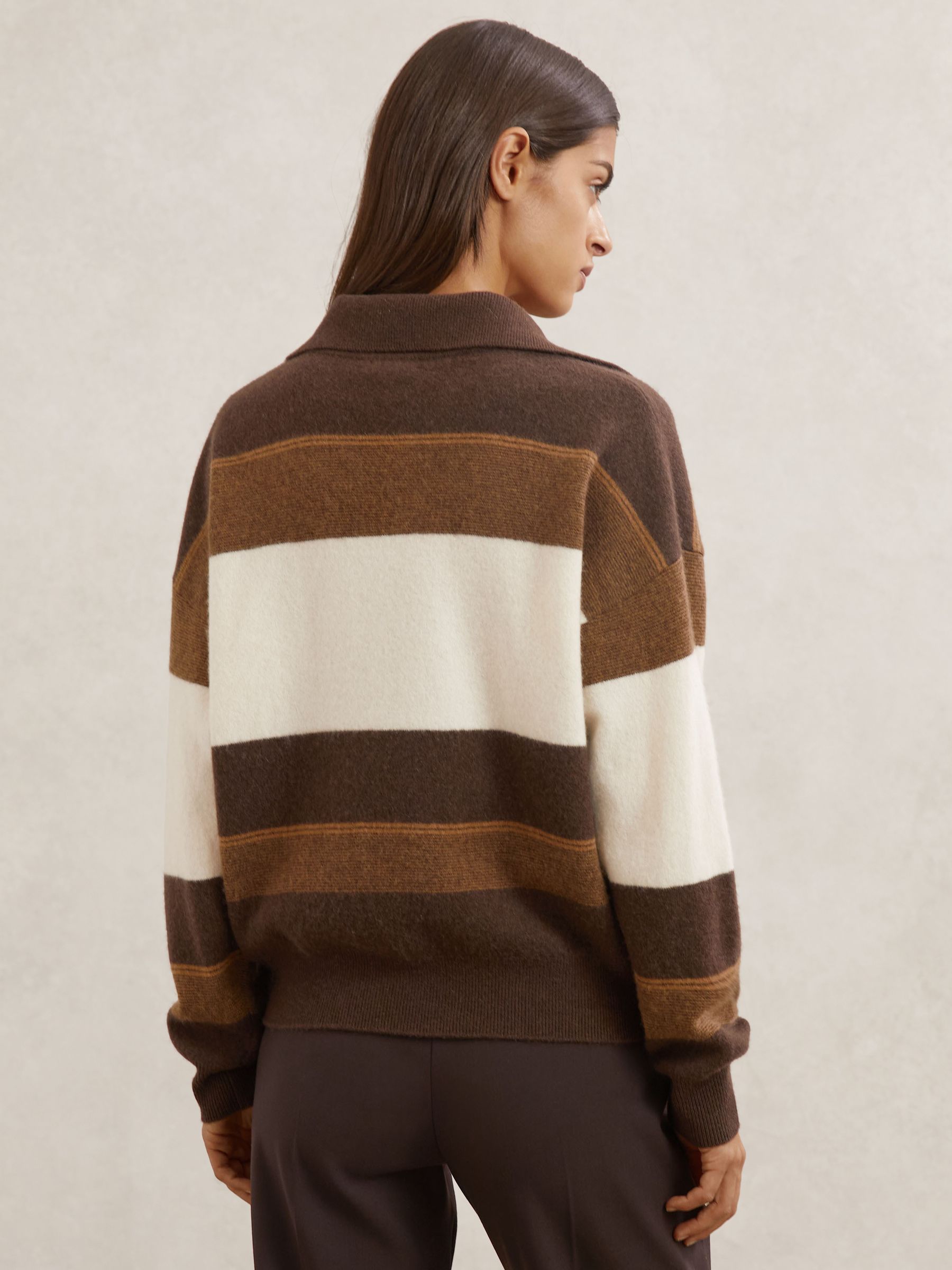 Wool-Cashmere Stripe Collared Jumper in Chocolate/Cream - Image 5 of 6