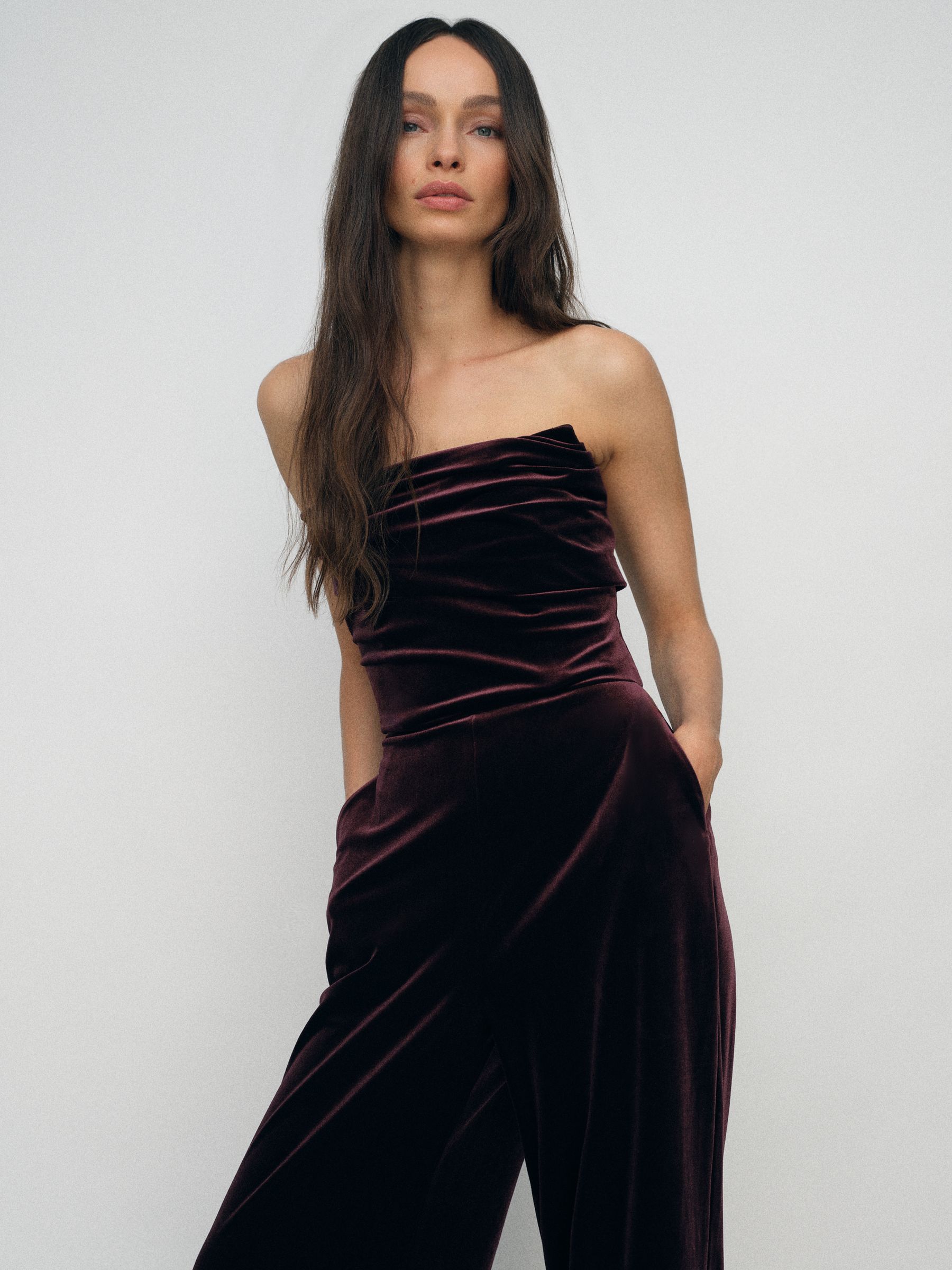 Petite Velvet Drape Strapless Jumpsuit in Burgundy - Image 1 of 8