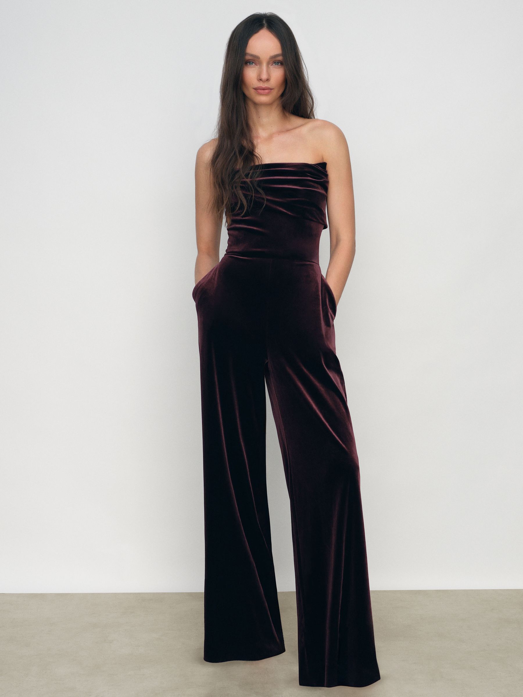 Petite Velvet Drape Strapless Jumpsuit in Burgundy - Image 3 of 8