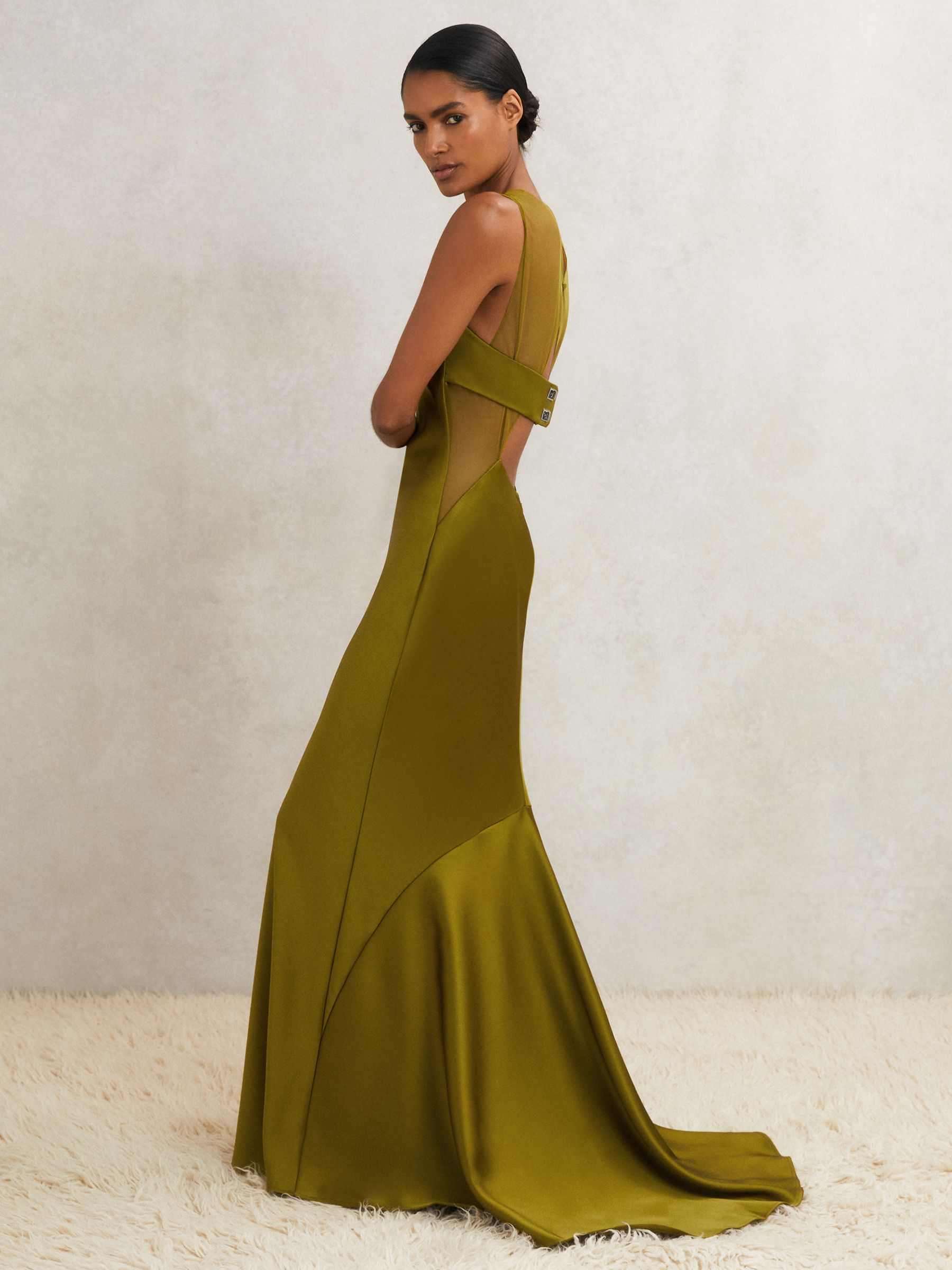 Atelier Satin Sheer-Panel Maxi Dress in Green - Image 1 of 7