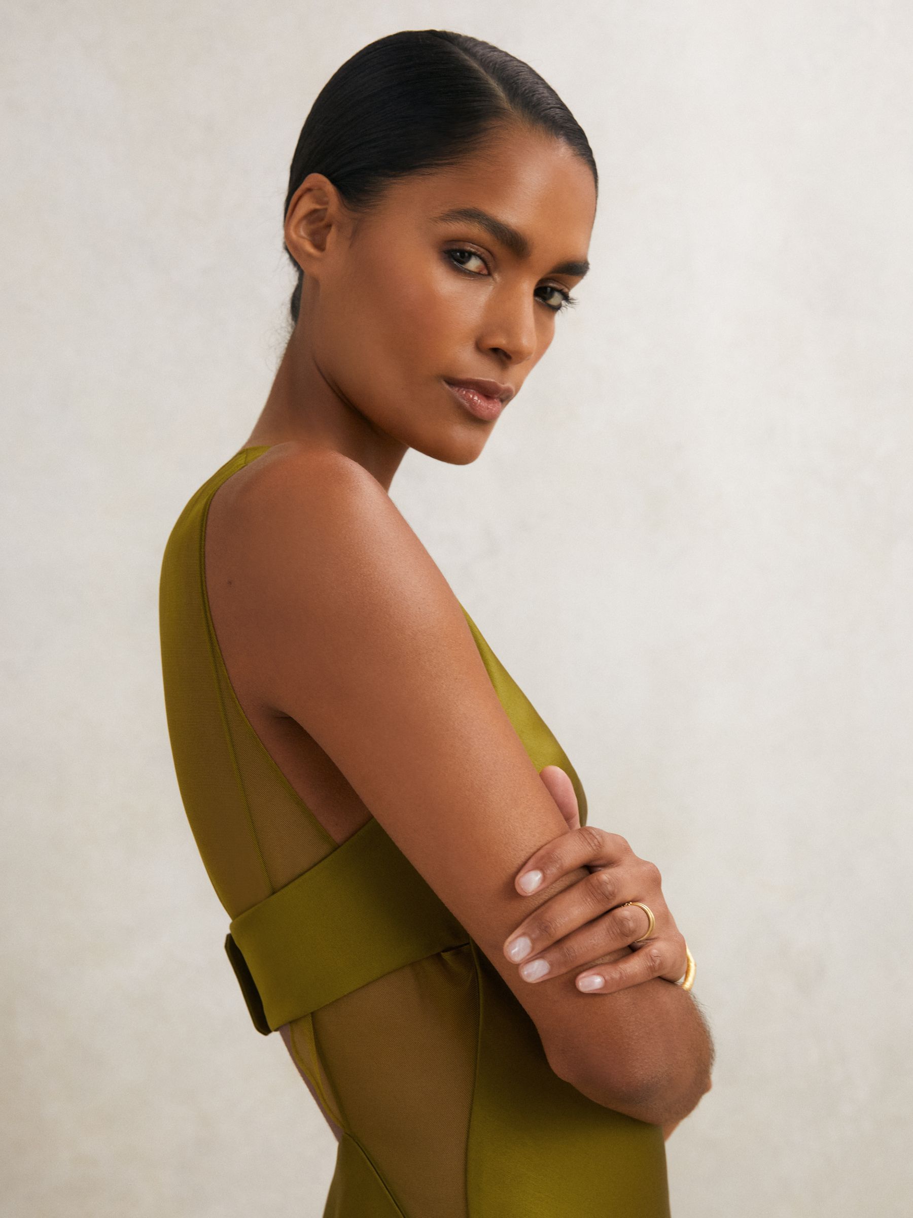 Reiss Atelier Satin Sheer-Panel Maxi Dress in Green | REISS