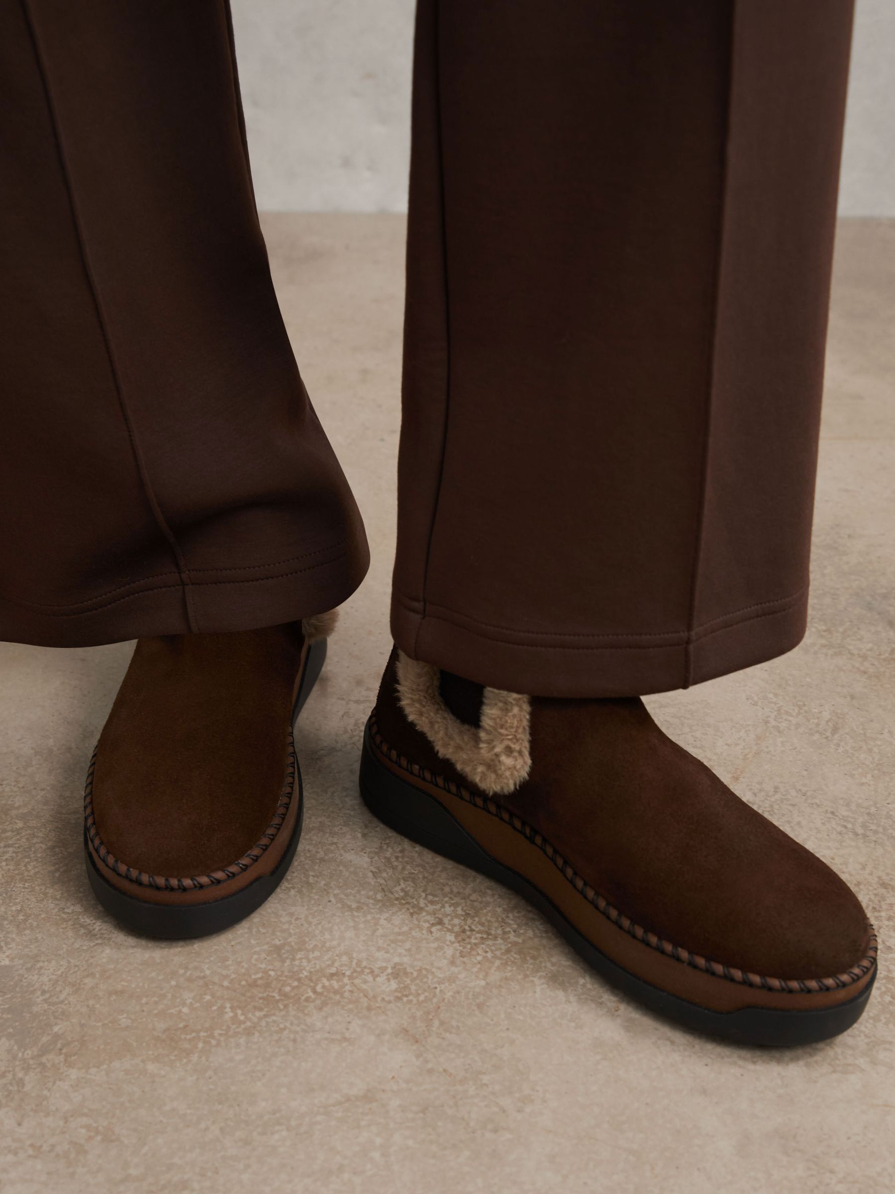Suede Faux Fur-Trim Ankle Boots in Chocolate - image 1