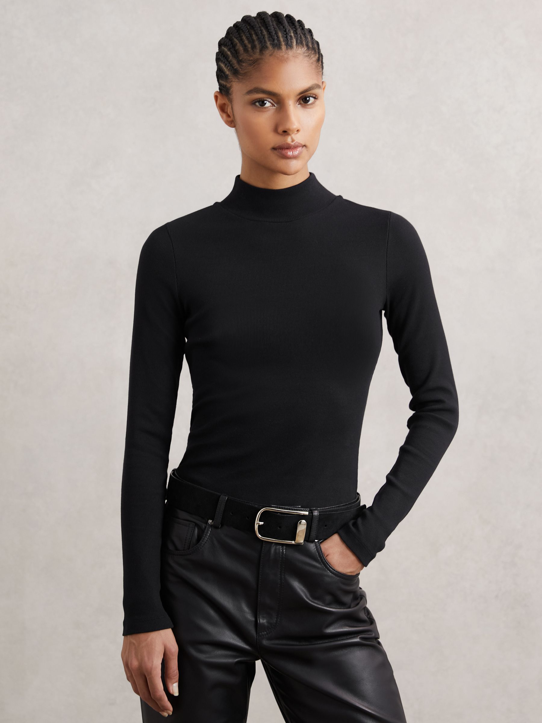 Stretch-Cotton Funnel-Neck Top in Black - Image 1 of 6