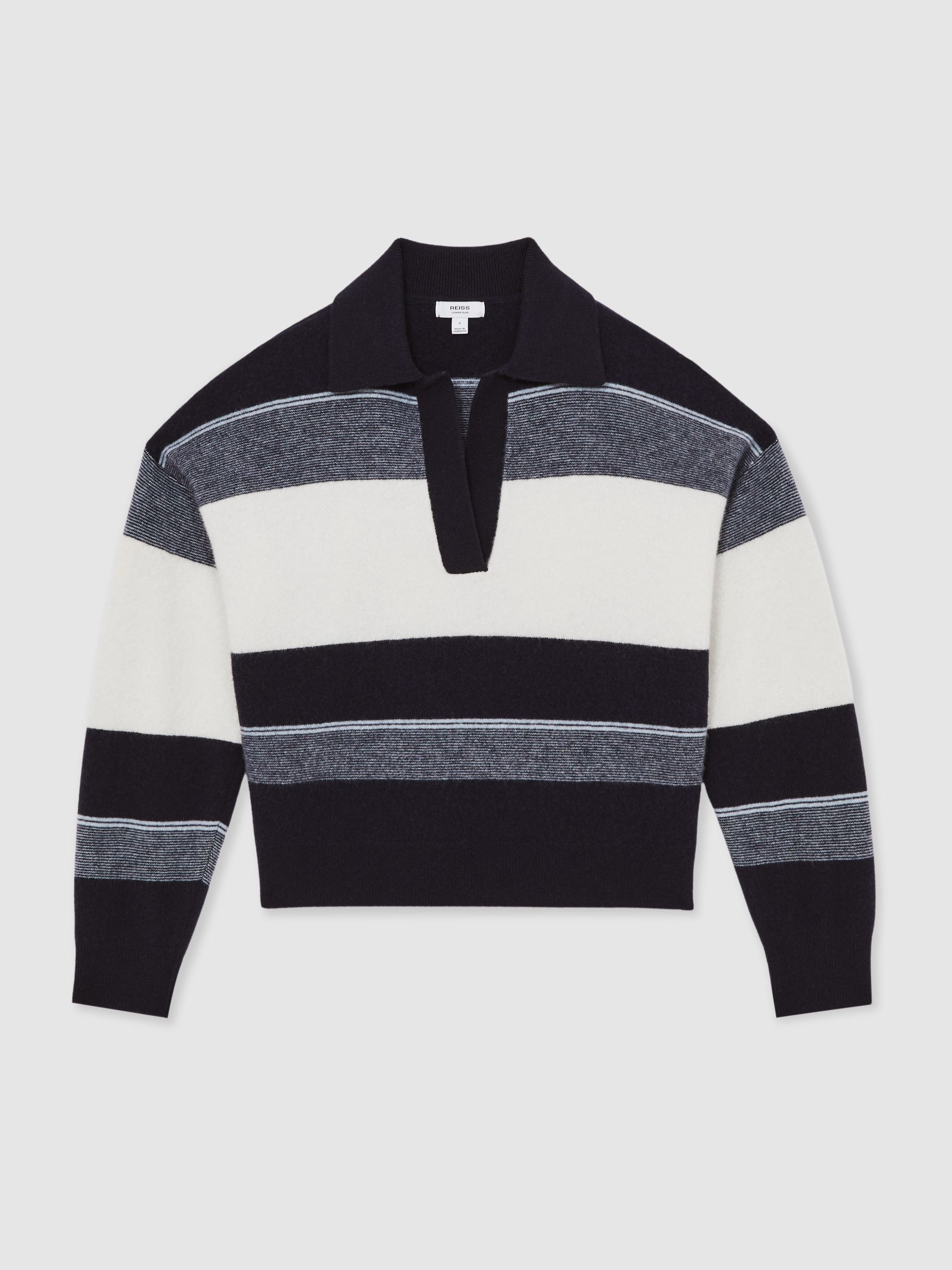 Wool-Cashmere Stripe Collared Jumper in Navy/Cream - Image 2 of 6