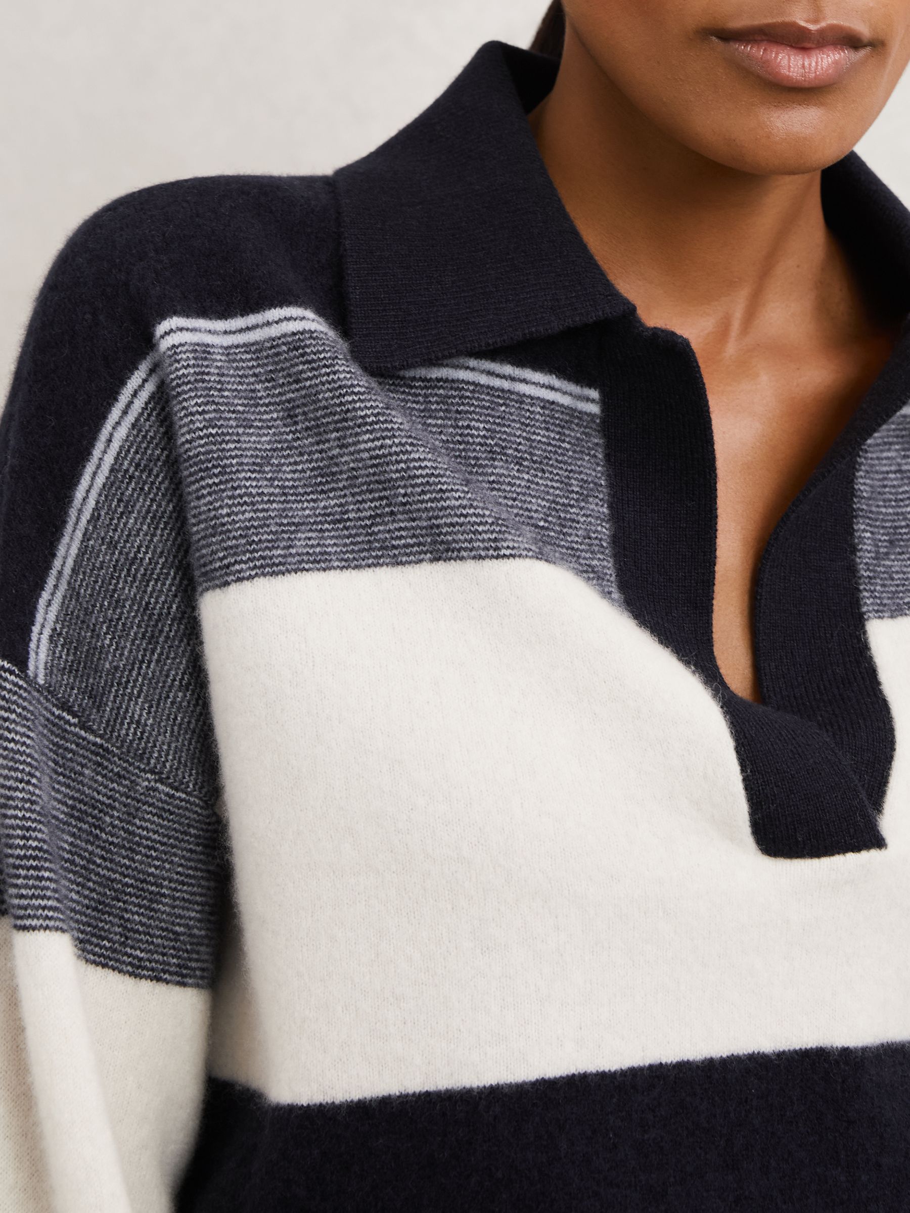 Wool-Cashmere Stripe Collared Jumper in Navy/Cream - Image 3 of 6