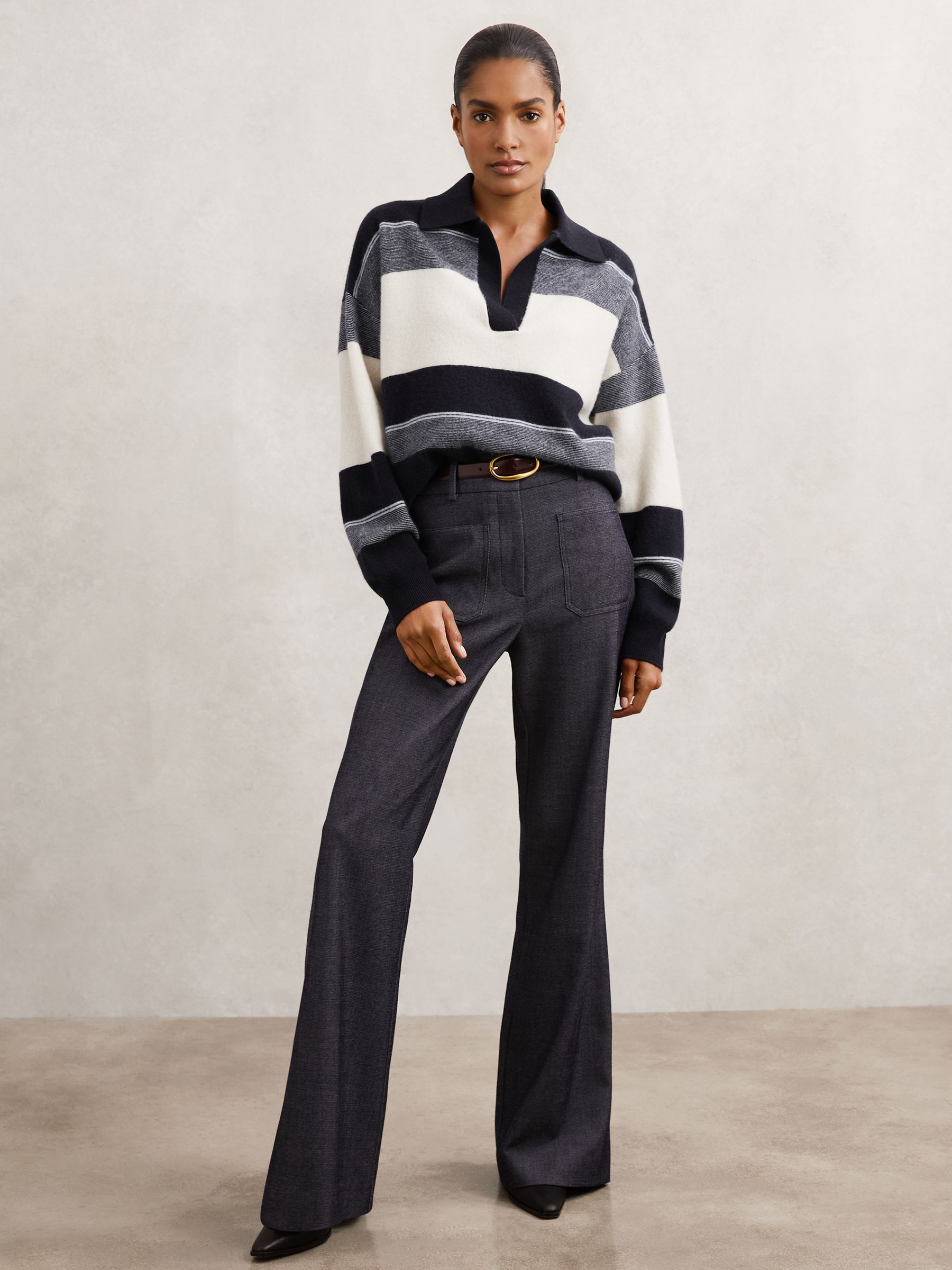 Wool-Cashmere Stripe Collared Jumper in Navy/Cream - Image 4 of 6