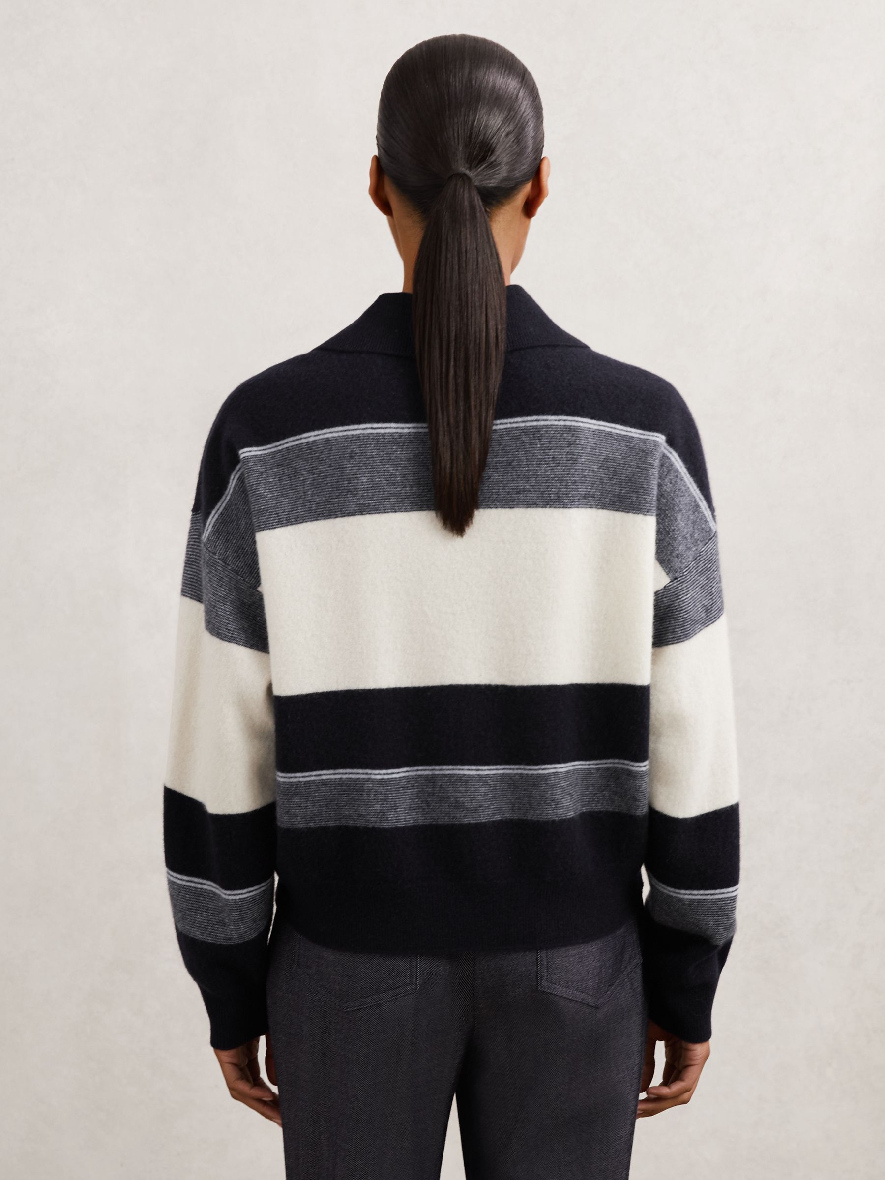 Wool-Cashmere Stripe Collared Jumper in Navy/Cream - Image 5 of 6