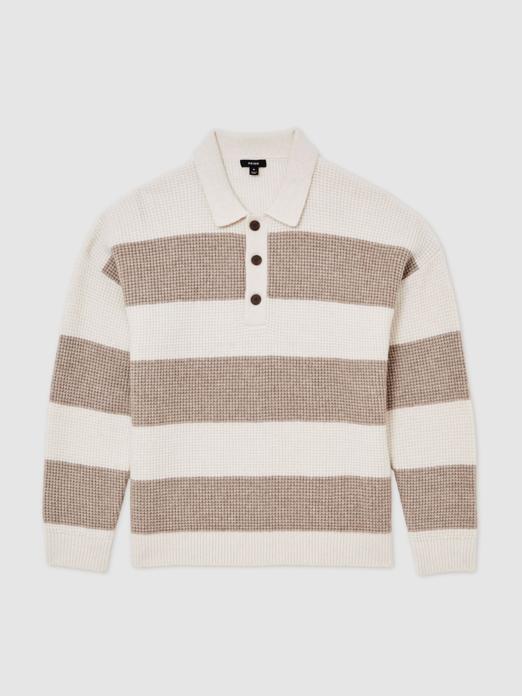 Waffle-Knit Stripe Half-Button Jumper with Wool in Off White/Putty - image 1