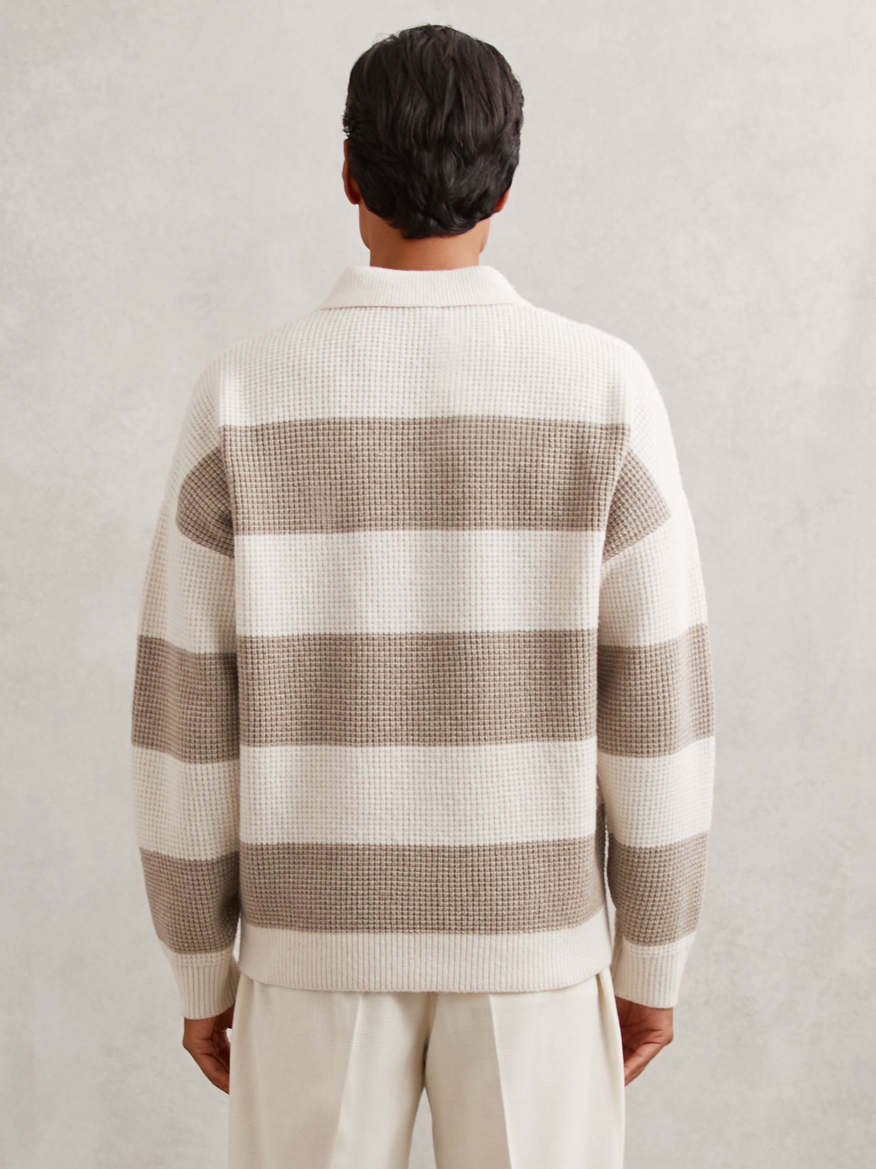 Waffle-Knit Stripe Half-Button Jumper with Wool in Off White/Putty - image 4
