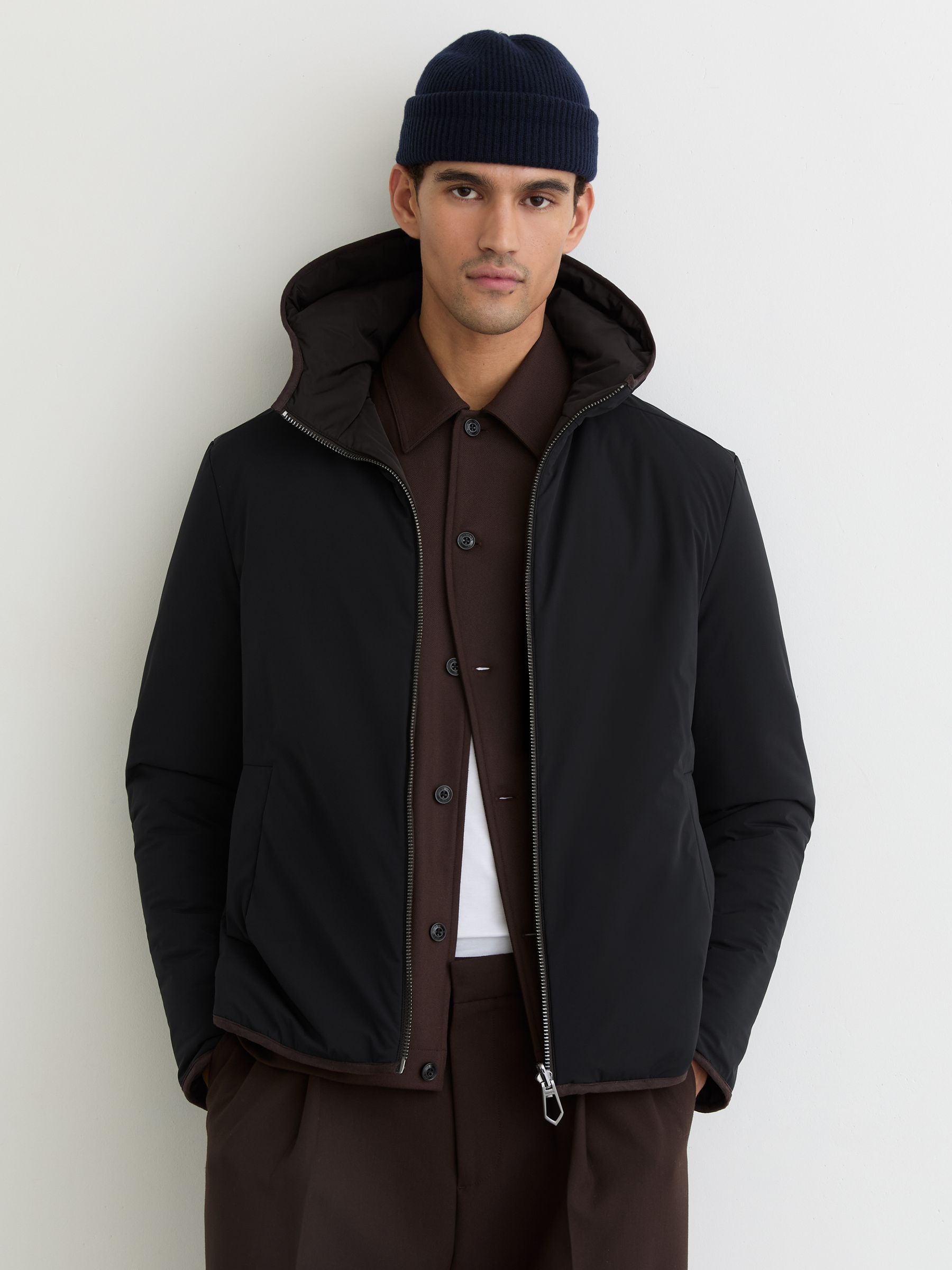 Reversible Hooded Puffer Jacket in Navy/Brown - image 5