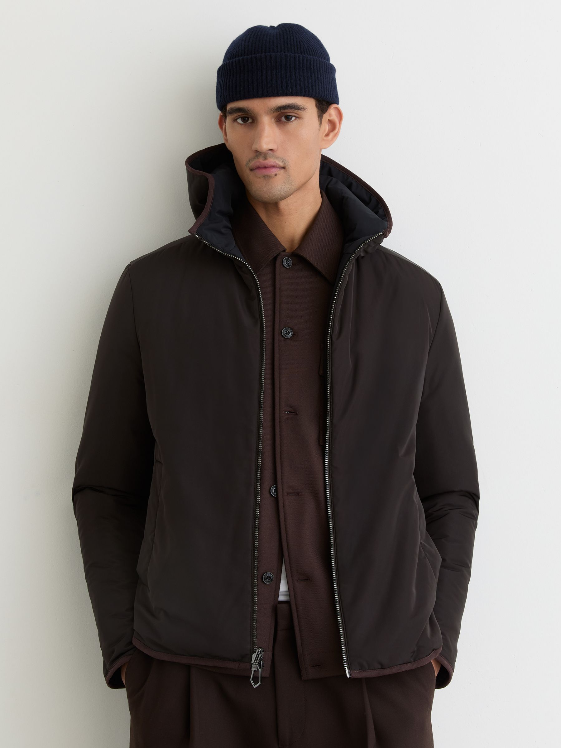 Reversible Hooded Puffer Jacket in Navy/Brown - Image 4 of 10