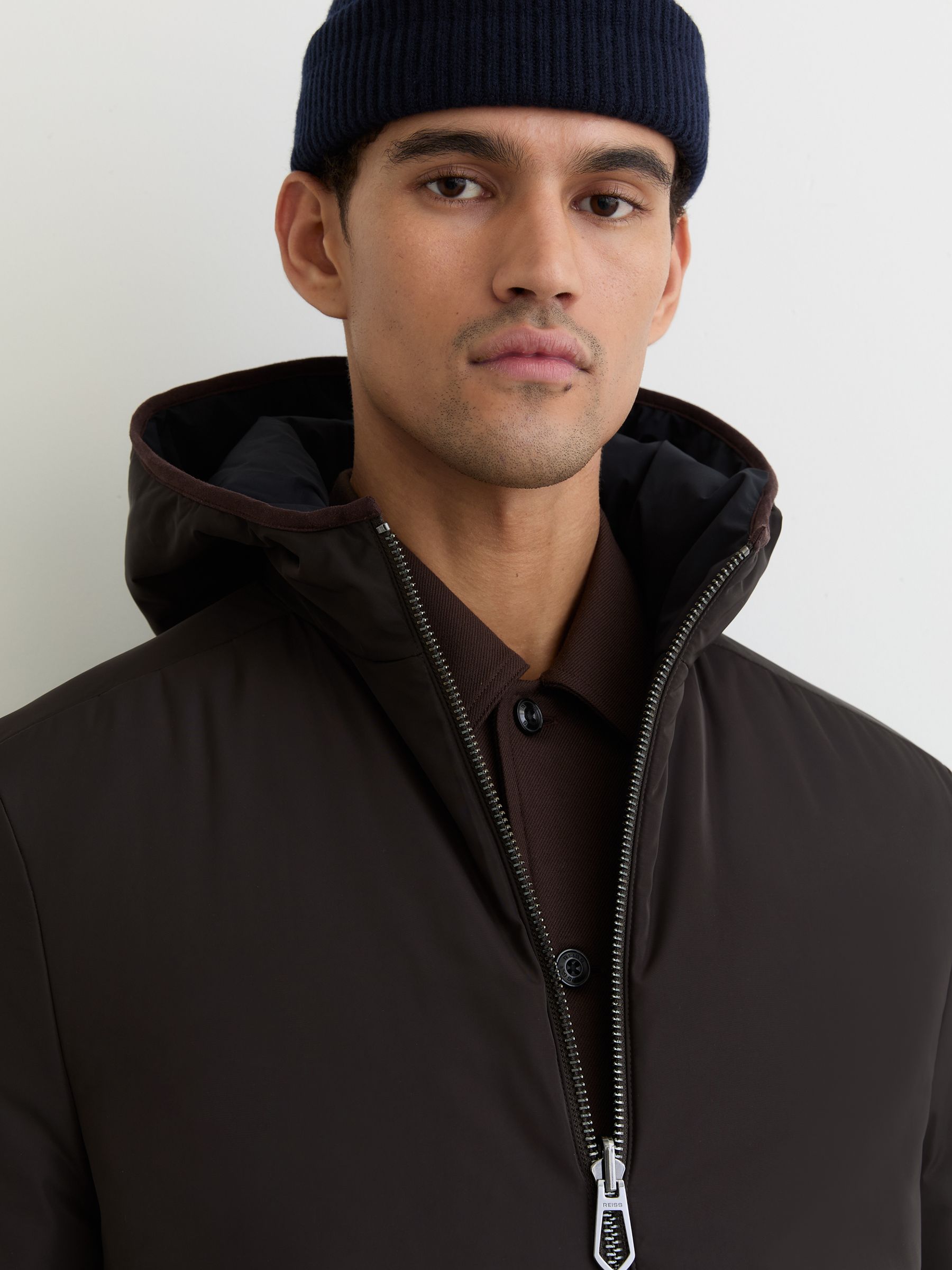 Reversible Hooded Puffer Jacket in Navy/Brown - Image 5 of 10