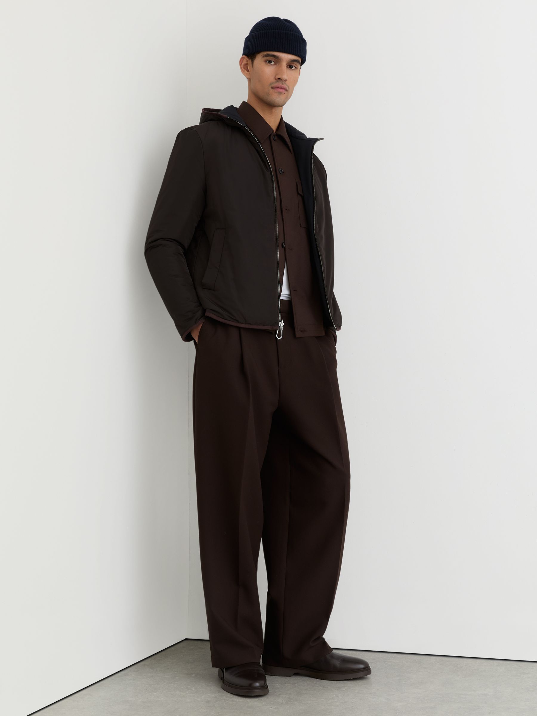 Reversible Hooded Puffer Jacket in Navy/Brown - Image 6 of 10