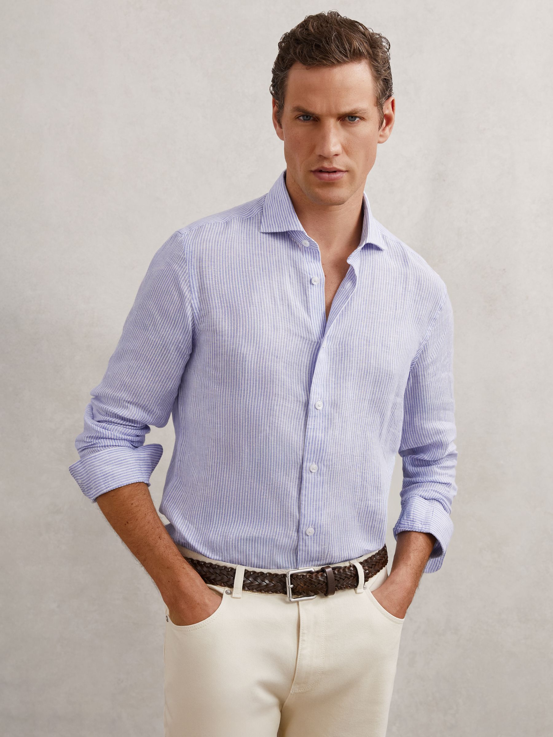 Linen Stripe Long-Sleeve Shirt in Bengal Blue White - image 3