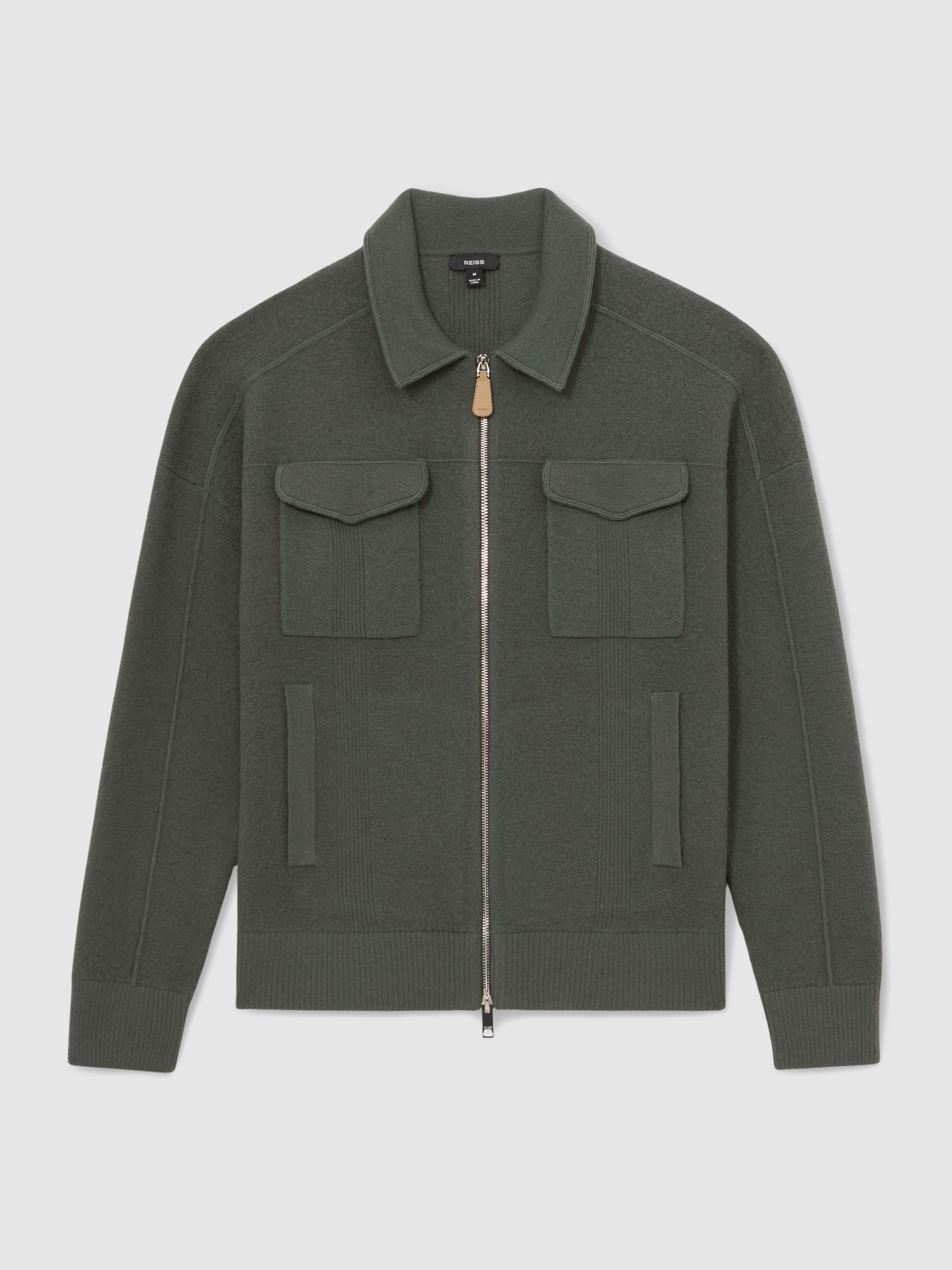 Boiled Wool Twin-Pocket Cardigan in Khaki Green - image 1
