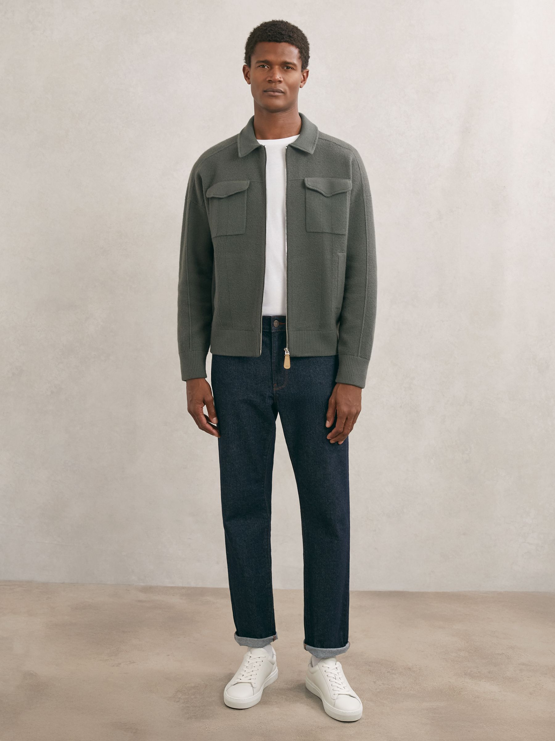 Merino Wool Twin-Pocket Cardigan in Khaki Green - Image 3 of 6