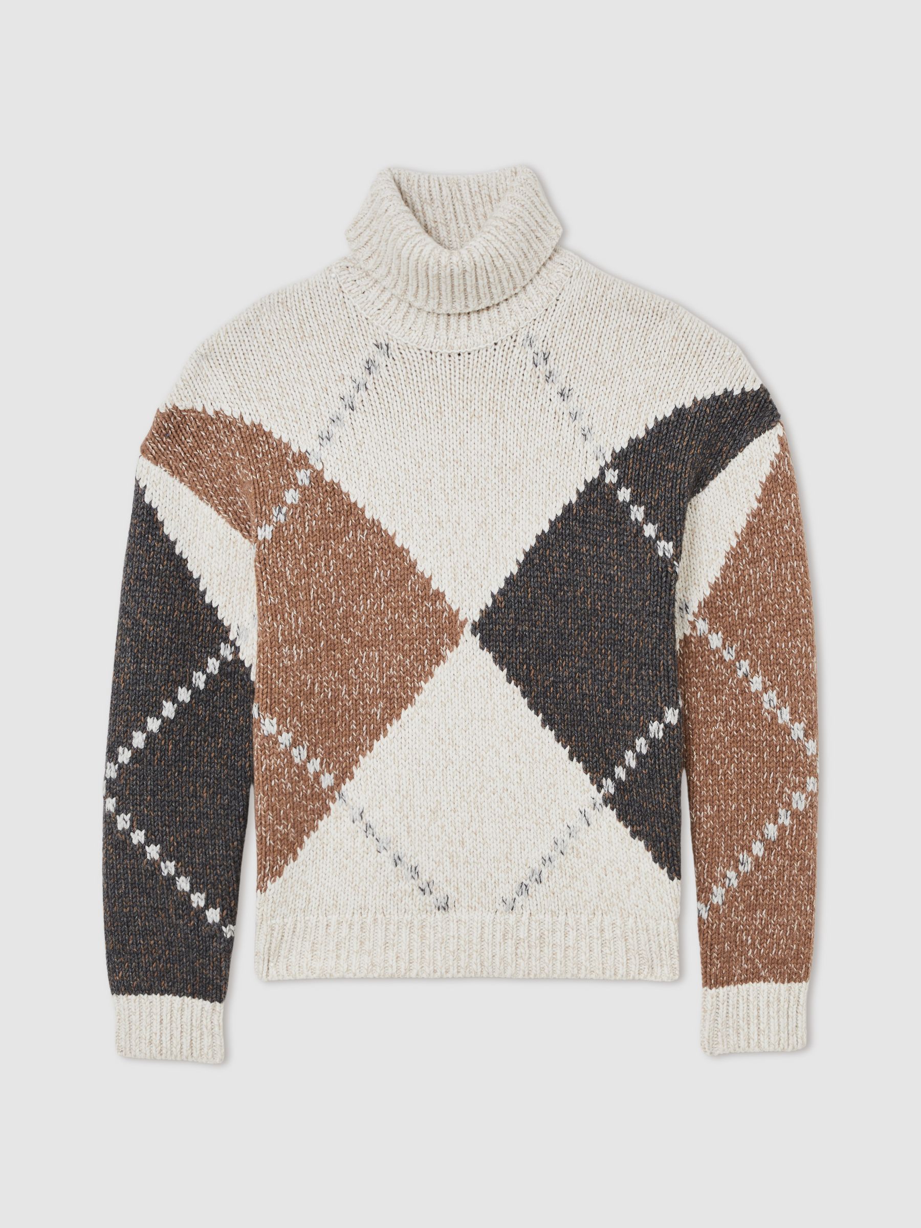 Wool-Blend Roll-Neck Argyle Jumper in Camel Brown Multi - image 1