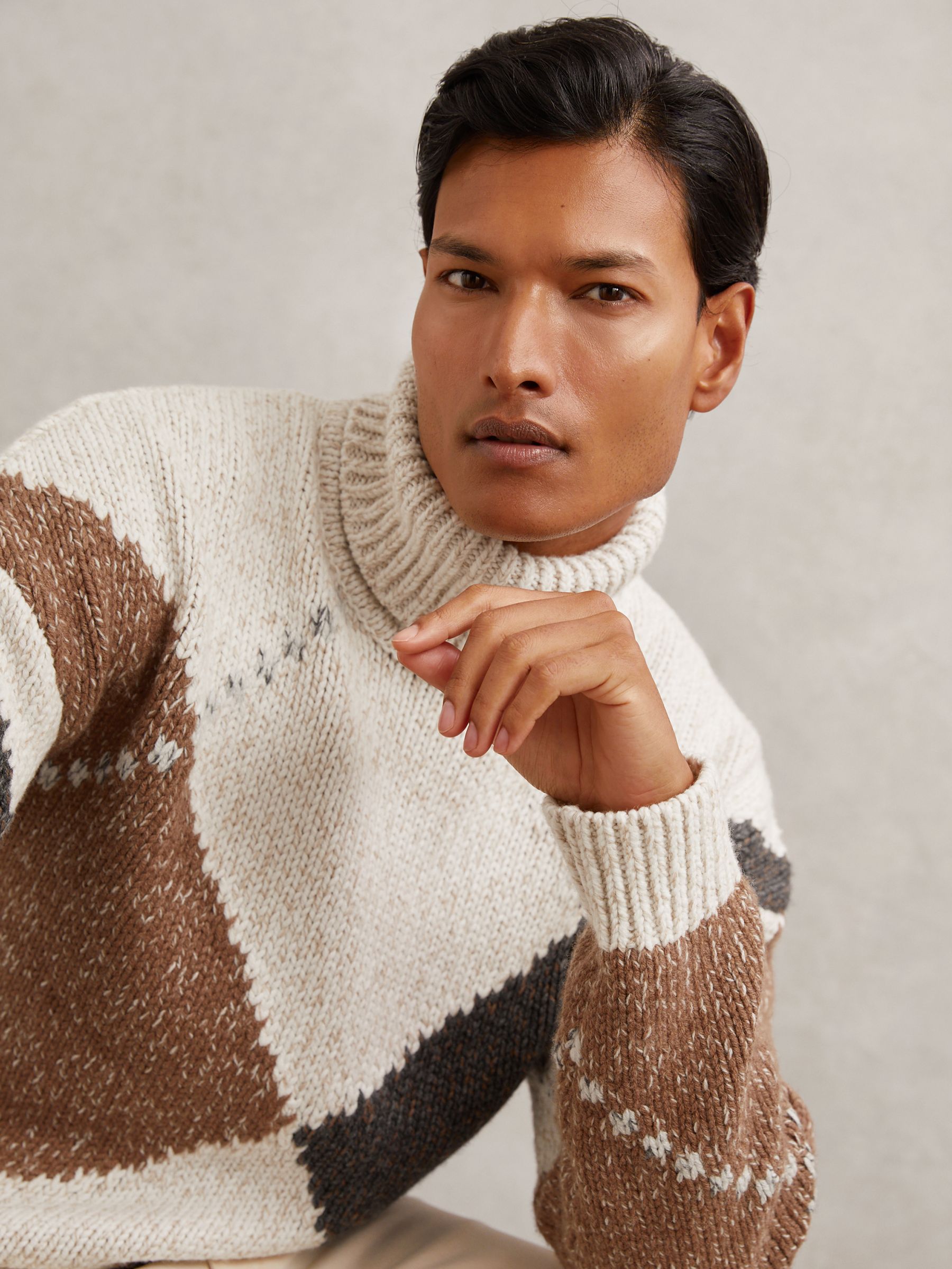 Reiss Wool-Blend Roll-Neck Argyle Jumper in Camel Brown Multi | REISS Reiss Wool-Blend Roll-Neck Argyle Jumper in Camel Brown Multi | REISS
