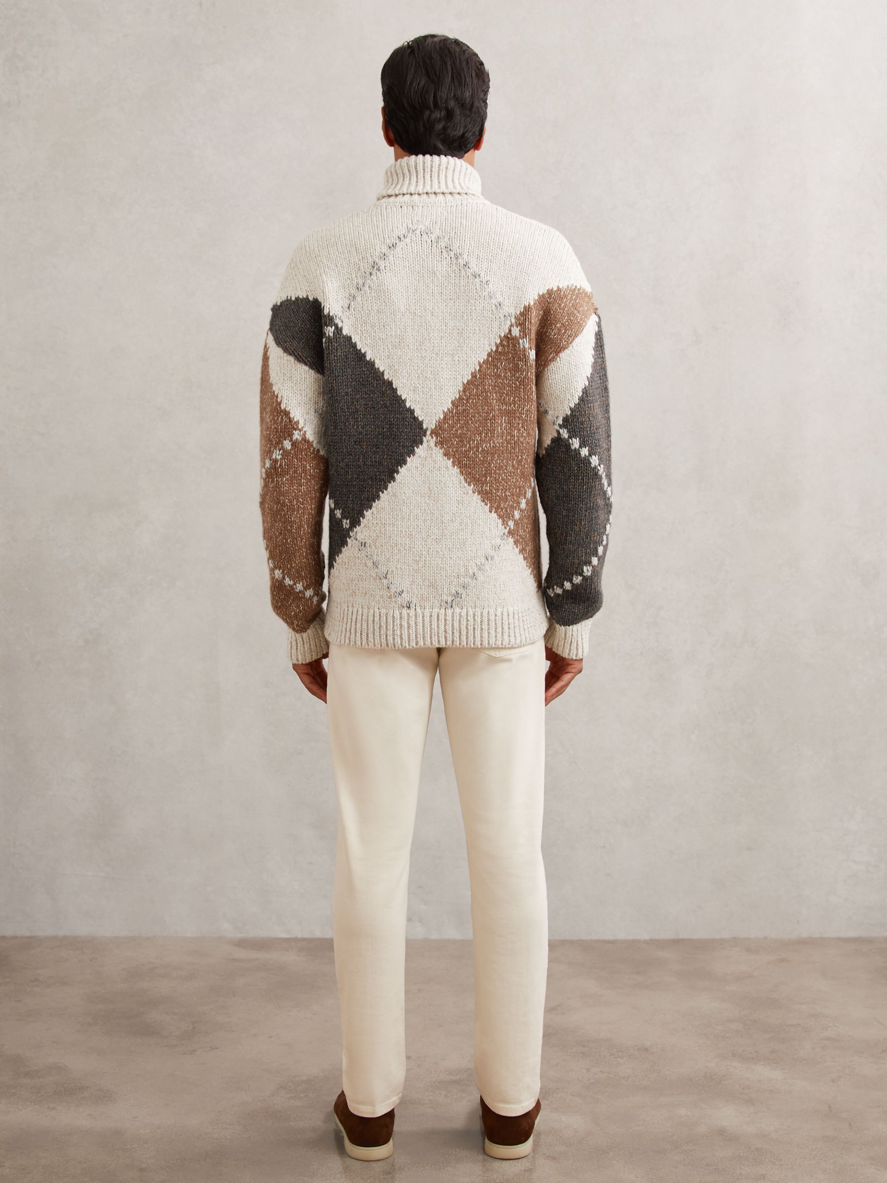 Wool-Blend Roll-Neck Argyle Jumper in Camel Brown Multi - image 4