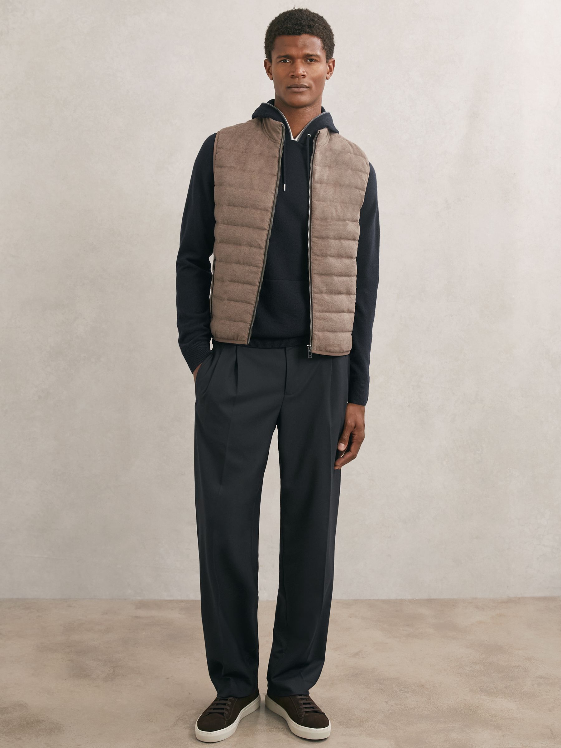 Reiss Brushed Jersey Quilted Gilet in Mocha Brown | REISS